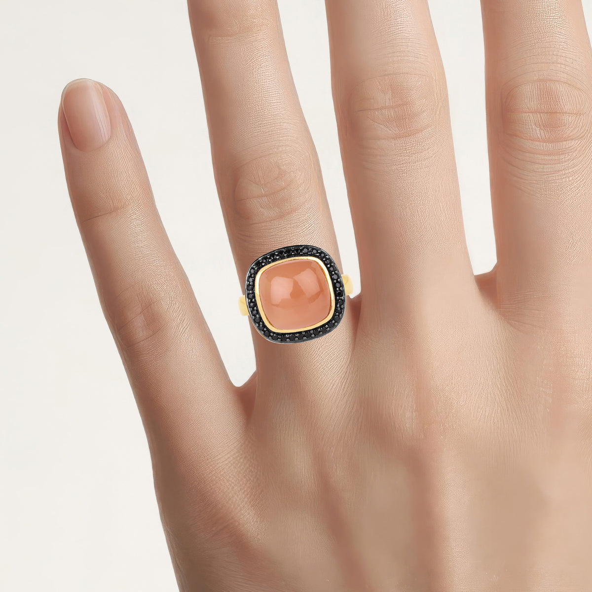 Peach Moonstone Ring With Black Spinel 7.54 Carats Gold Plated Silver