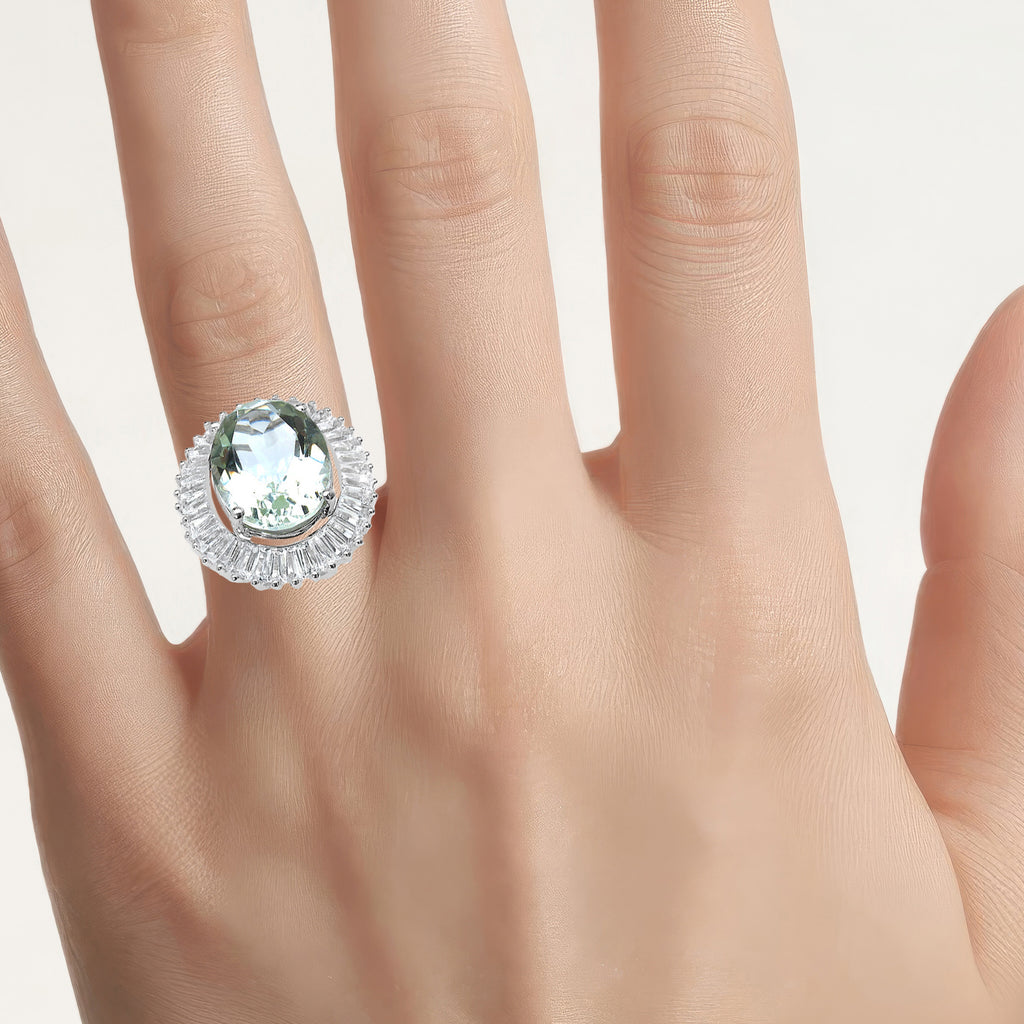 Green Amethyst Ring With White Topaz 11.1 Carats Sterling Silver