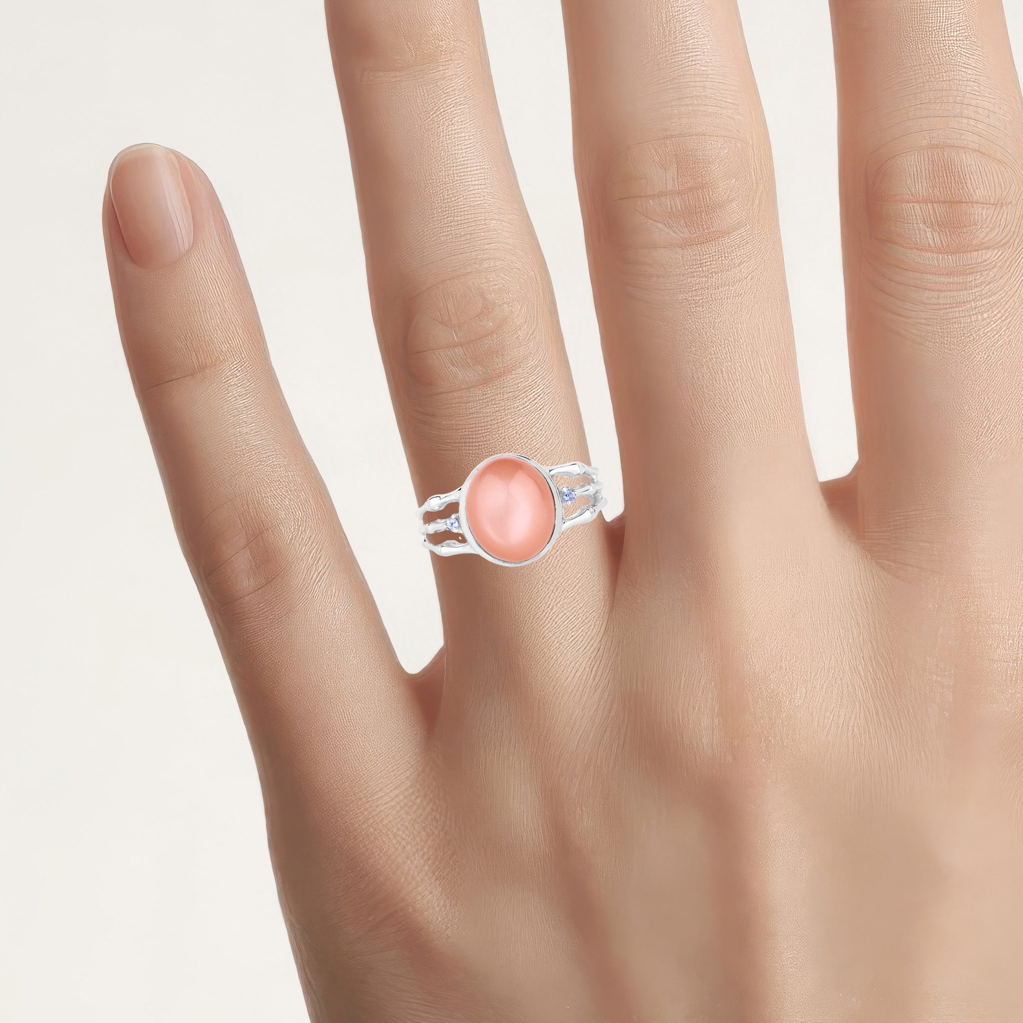 Peach Moonstone Ring With Tanzanite 6.5 Carats Sterling Silver