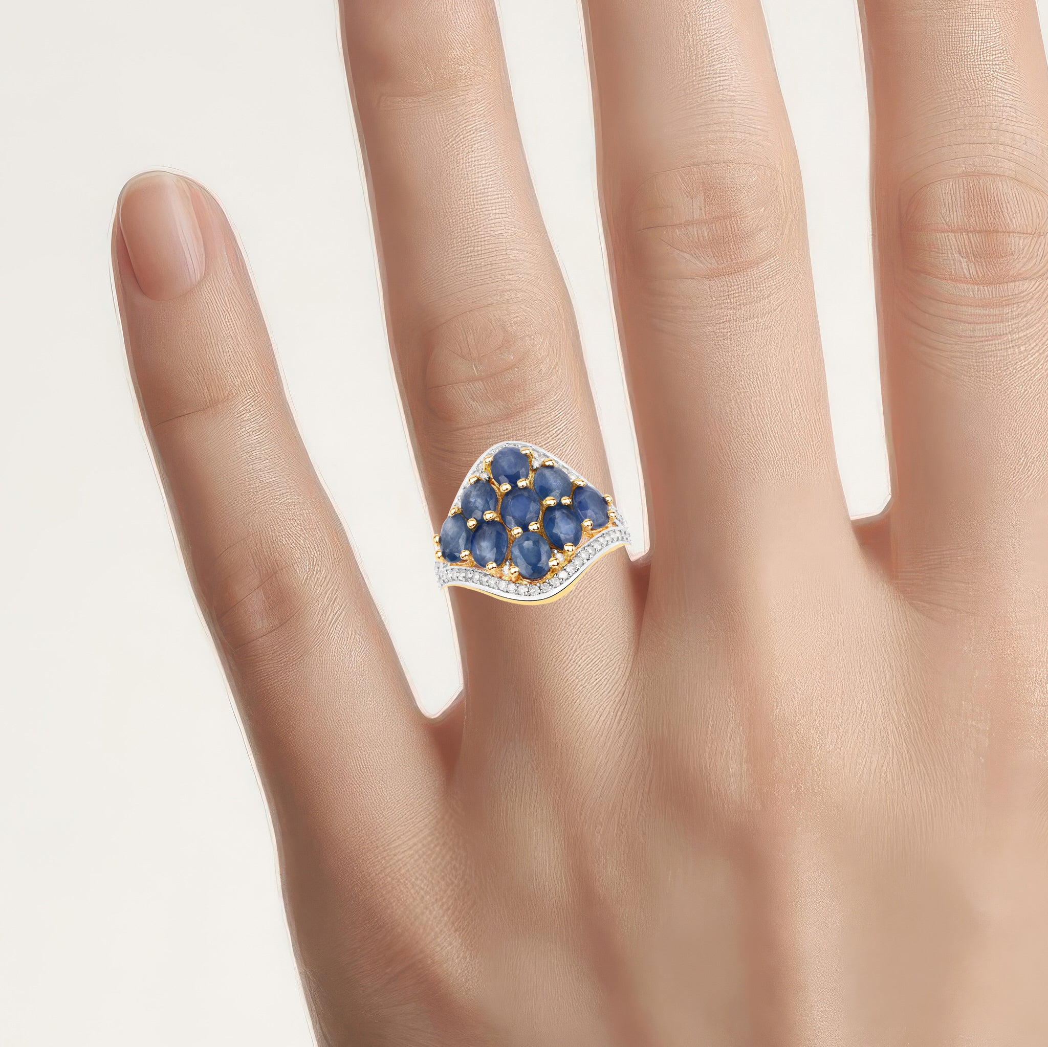 Blue Sapphire Ring With Diamonds 3.36 Carats Gold Plated Silver