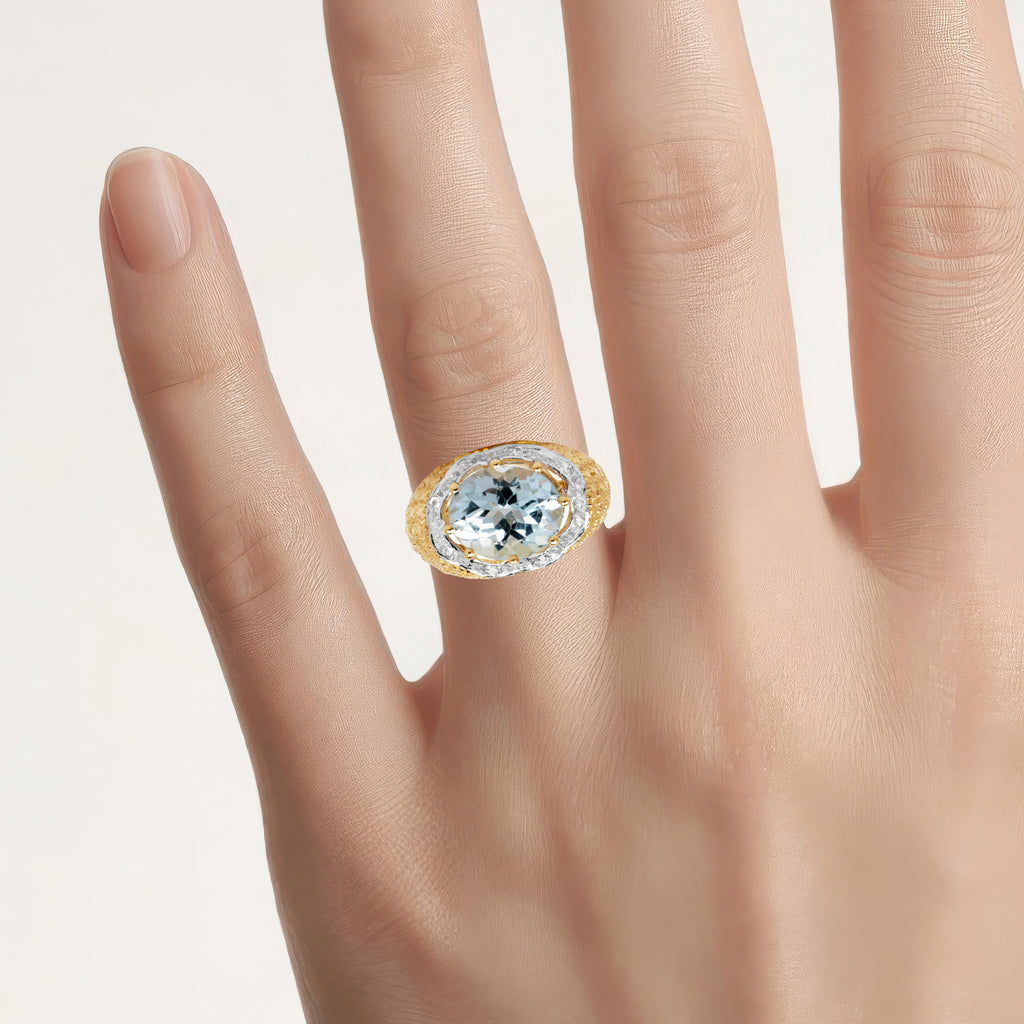 Blue Topaz Ring With White Topaz 5.24 Carats Gold Plated Silver
