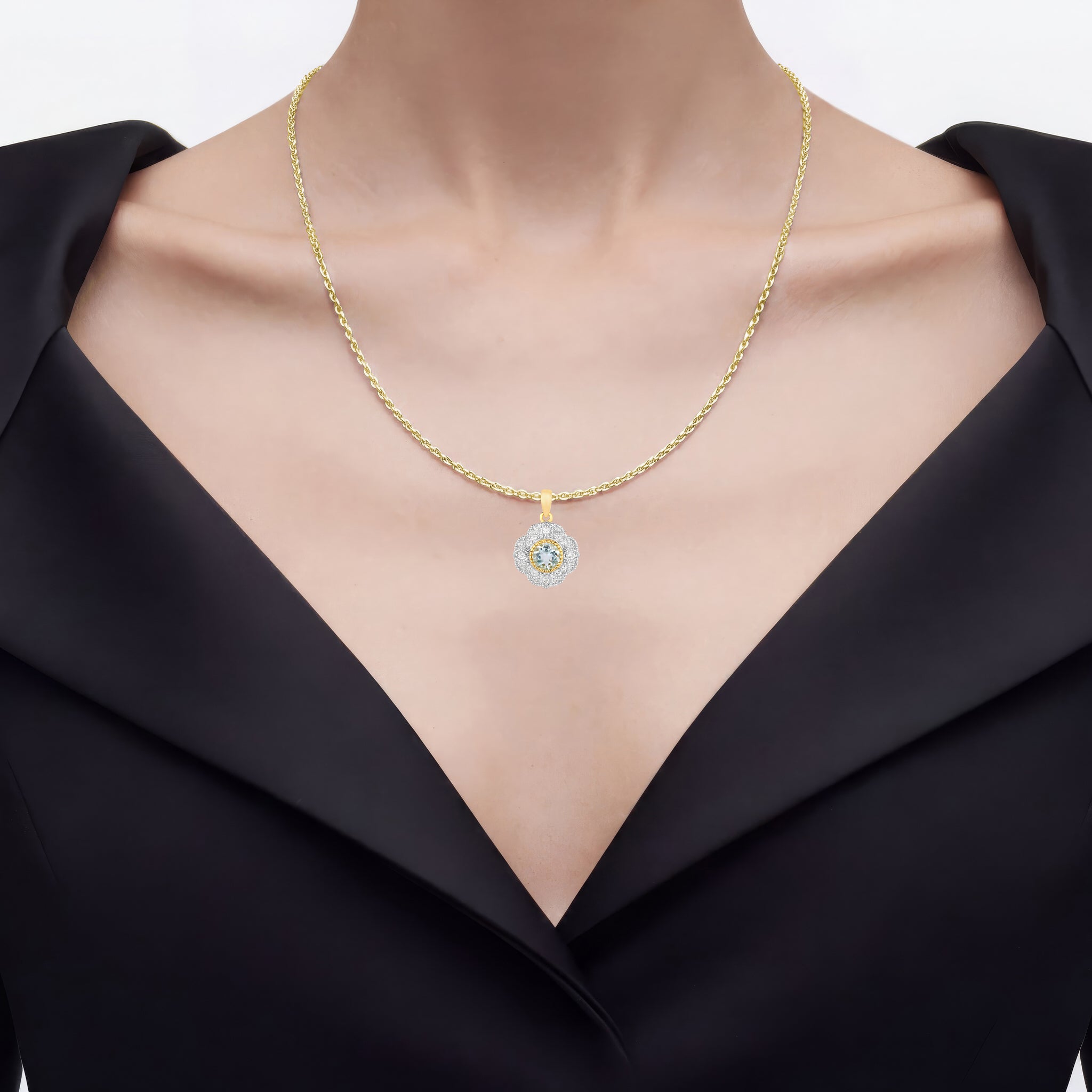 Aquamarine Pendant With White Topaz 0.92 Carats Gold Plated Silver