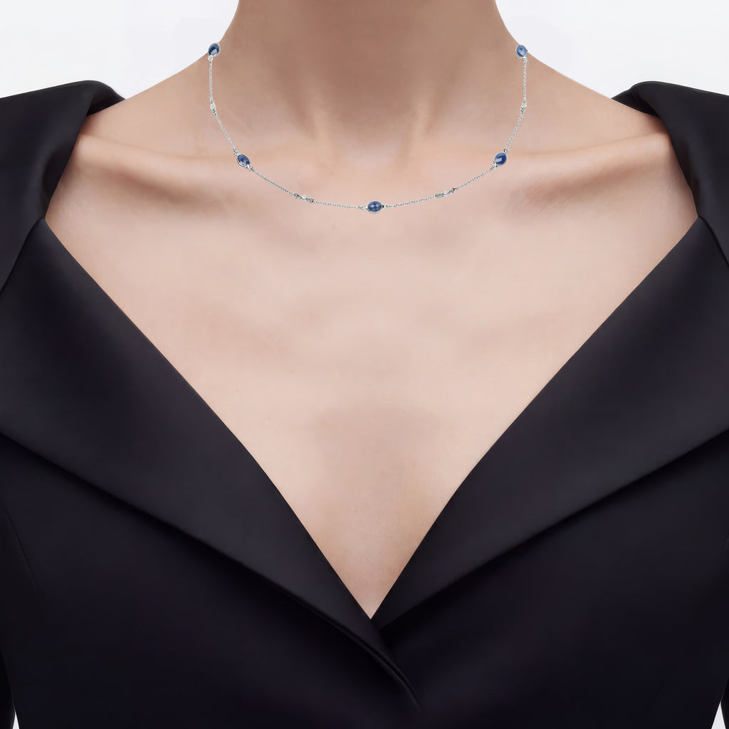 Blue Sapphire Necklace With Diamonds 6.4 Carats Sterling Silver