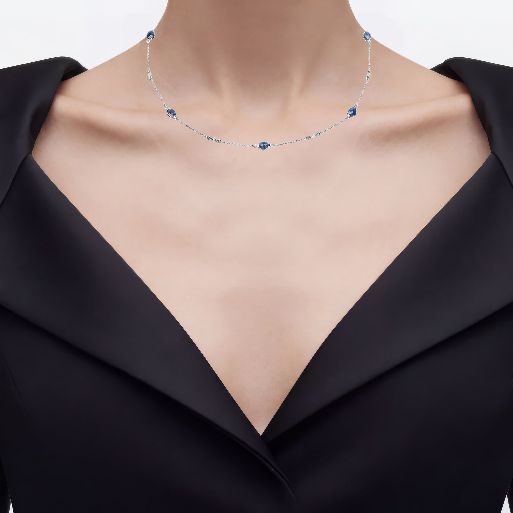Blue Sapphire Necklace With Diamonds 6.4 Carats Sterling Silver
