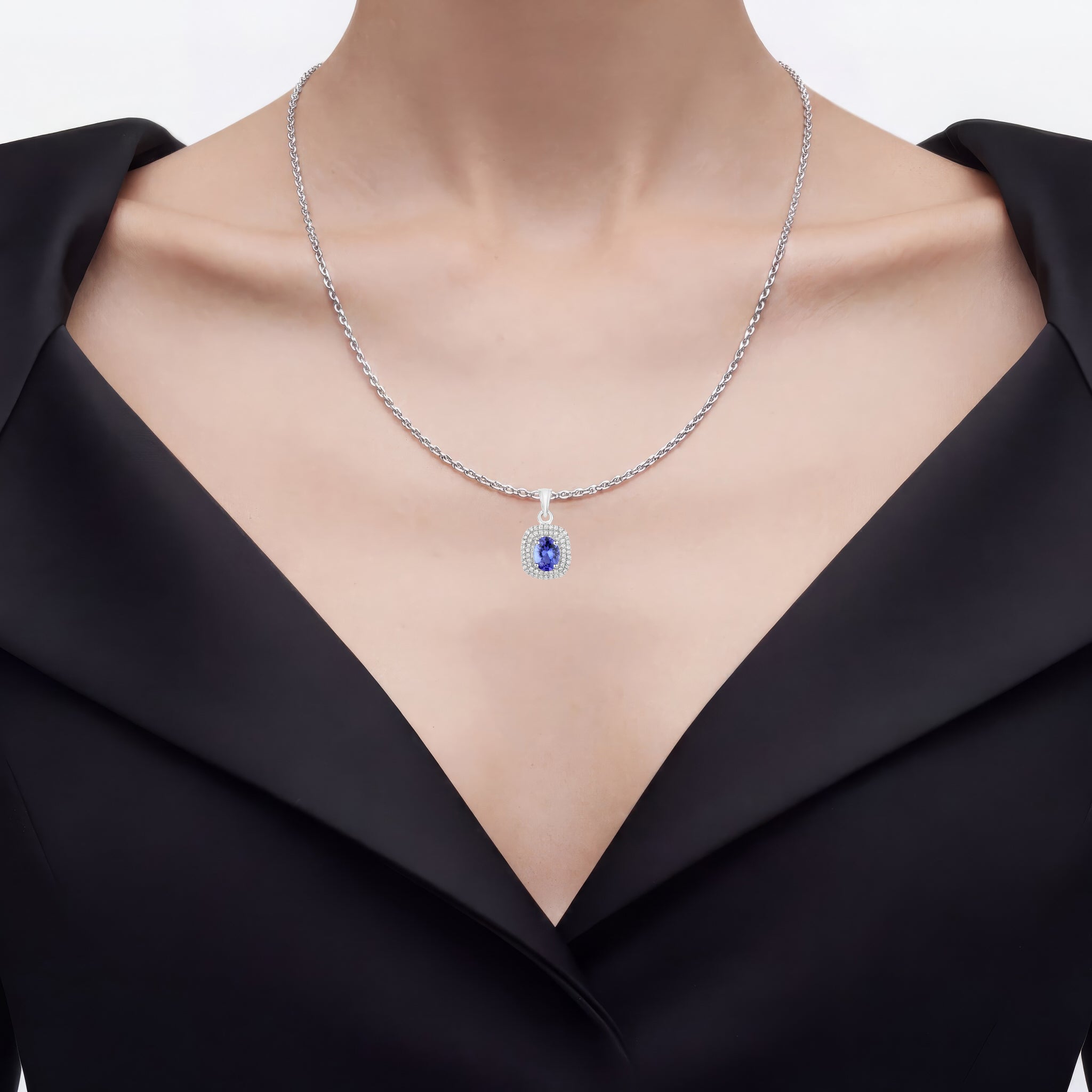 Tanzanite Pendant With Diamonds 1.38 Carats 14K White Gold