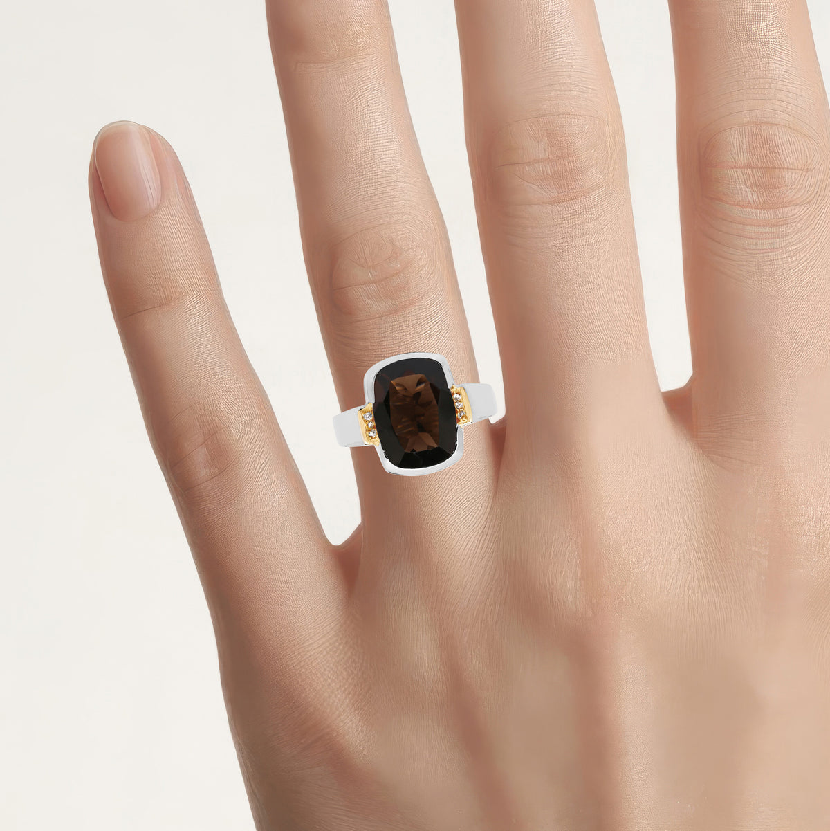 Smoky Quartz Ring With White Topaz 5.48 Carats Gold Plated Silver