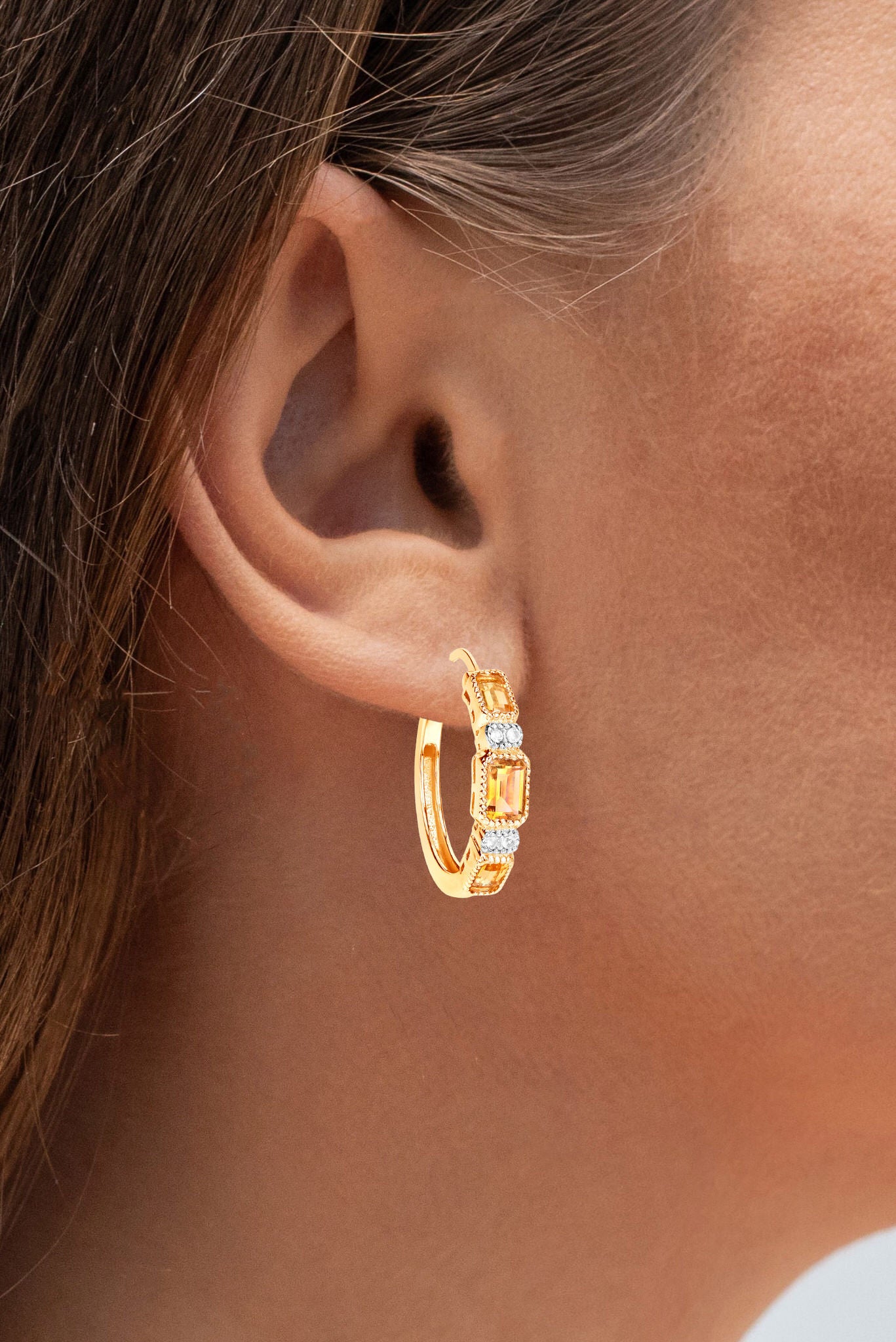 Citrine Hoop Earrings With White Topaz 2.84 Carats Gold Plated Silver