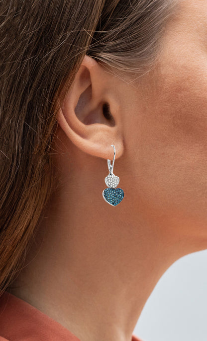 Blue and White Diamond Heart Earrings 0.82 Carats Sterling Silver