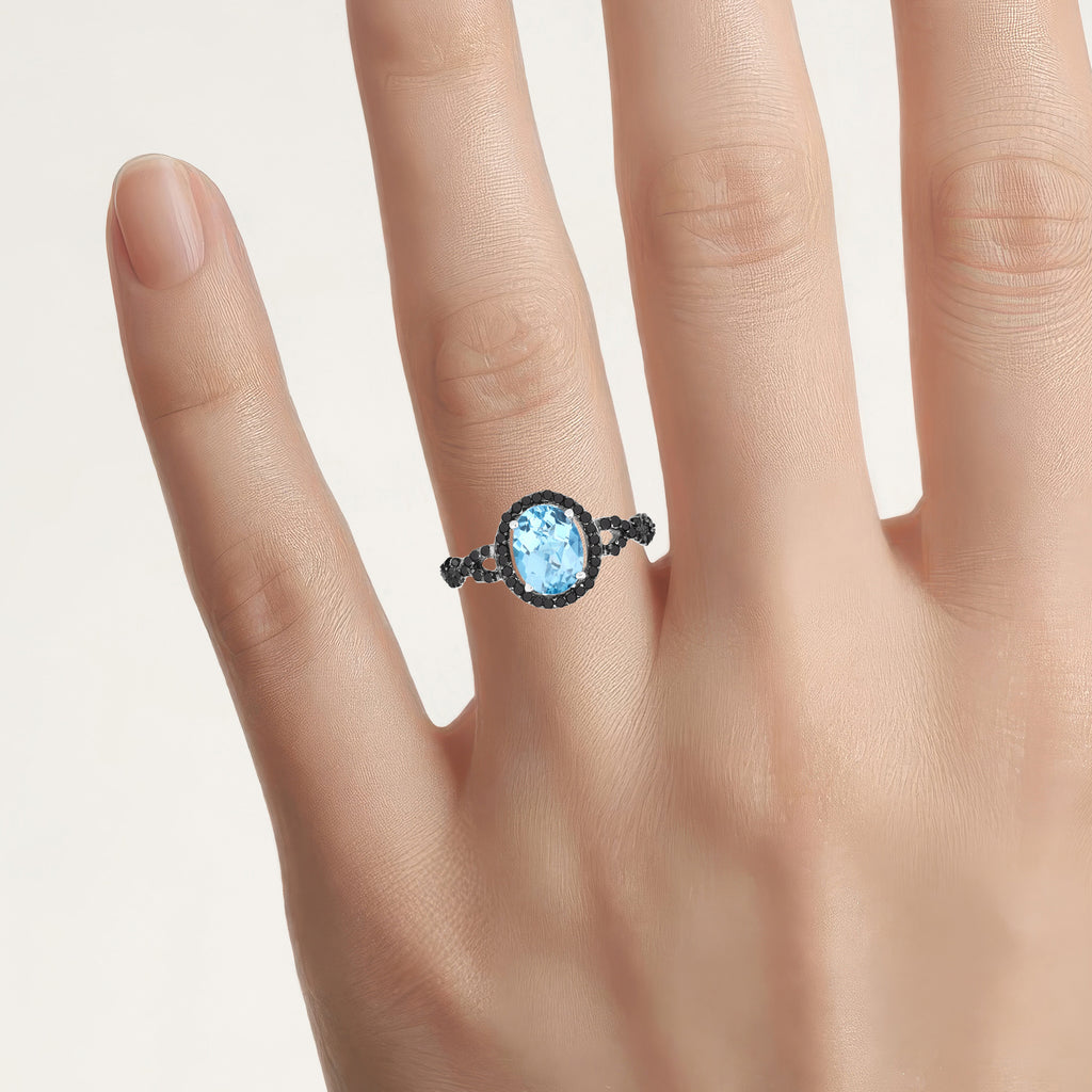 Blue Topaz Ring With Multicolor Diamonds 2.88 Carats Sterling Silver