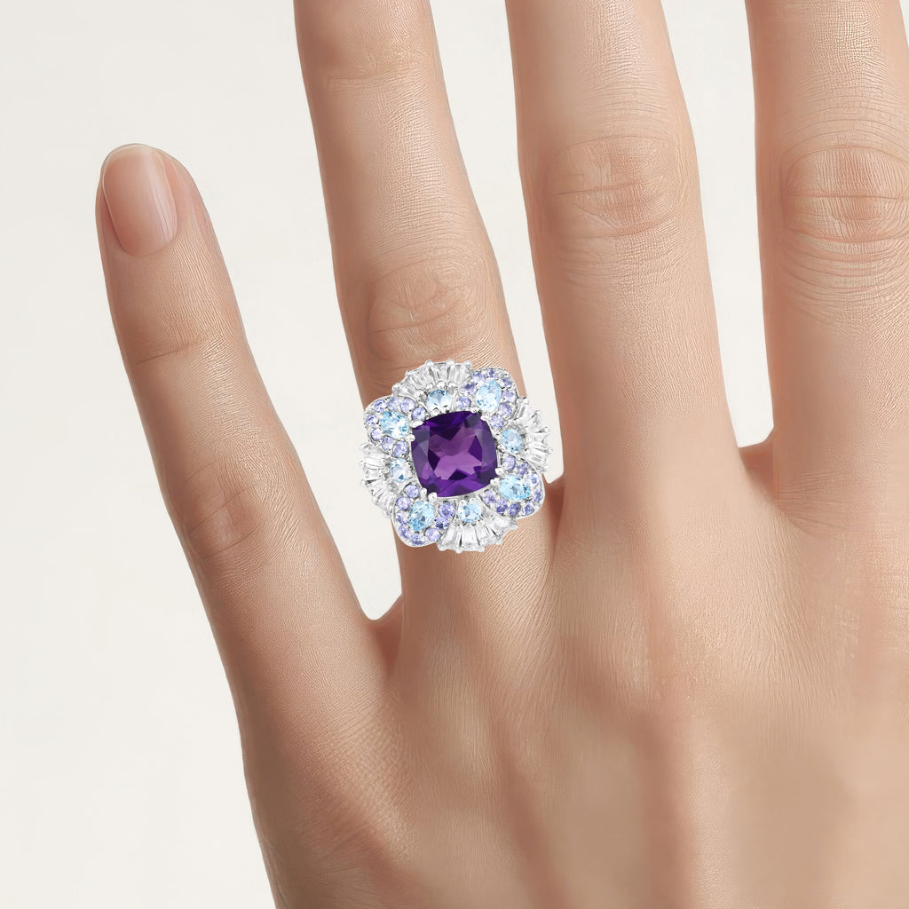 Amethyst Ring With Multicolor Topaz and Tanzanite 8.28 Carats Sterling Silver