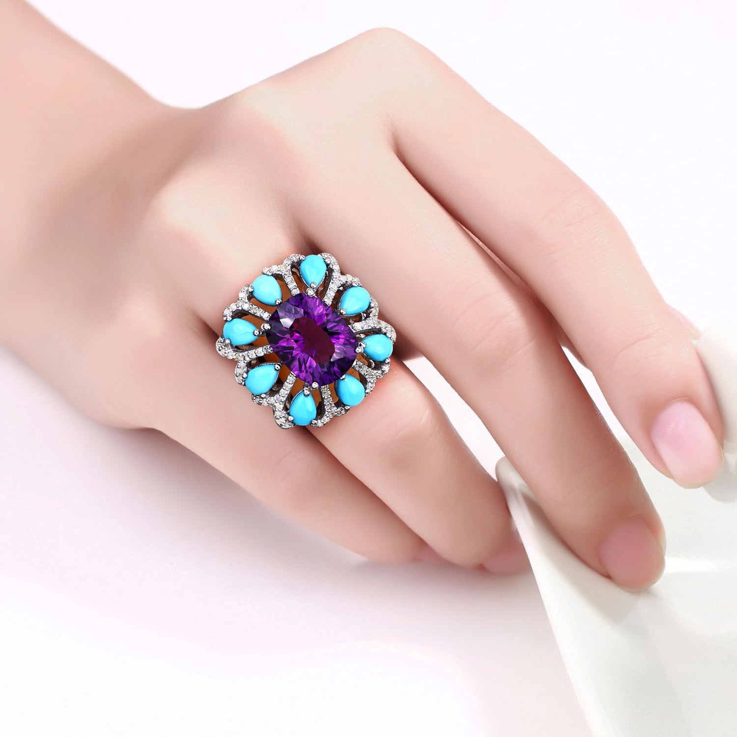 Amethyst Ring With Turquoise 10.6 Carats Sterling Silver