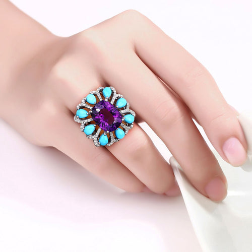 Amethyst Ring With Turquoise 10.6 Carats Sterling Silver