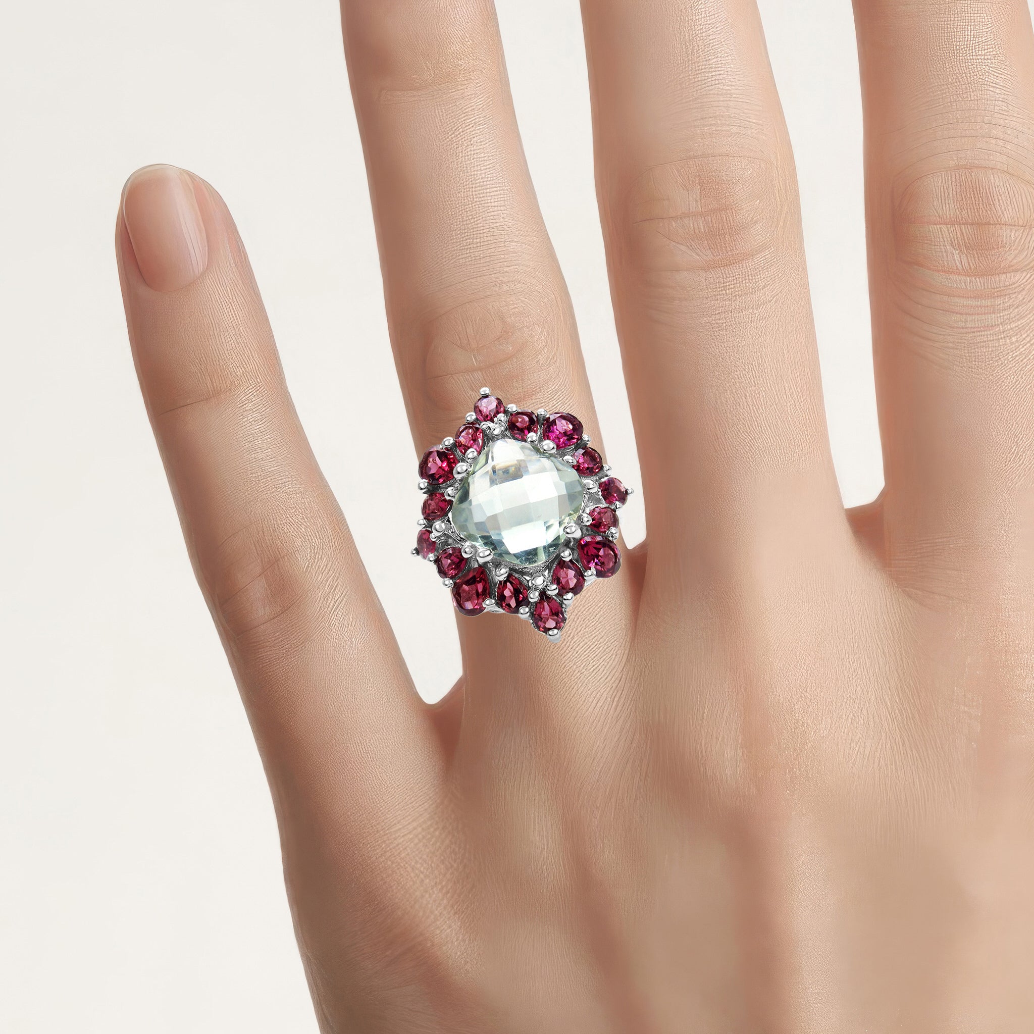 Green Amethyst Ring With Rhodolite Garnet 8.56 Carats Sterling Silver