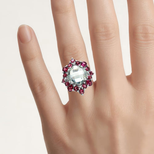 Green Amethyst Ring With Rhodolite Garnet 8.56 Carats Sterling Silver