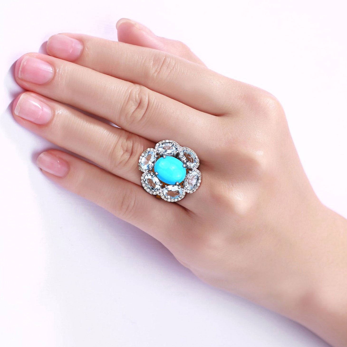 Turquoise Ring With Aquamarine 6.32 Carats Sterling Silver