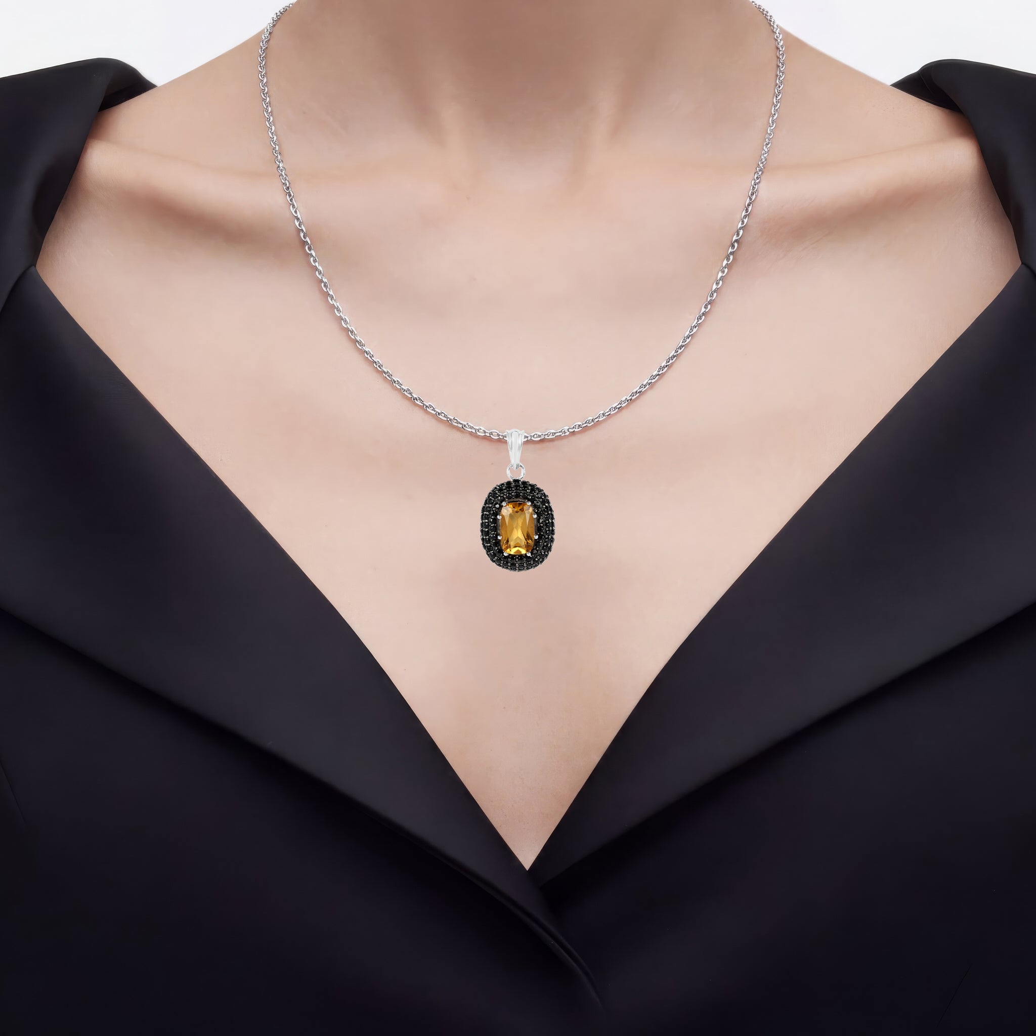 Citrine Pendant With Black Spinel 5.82 Carats Sterling Silver