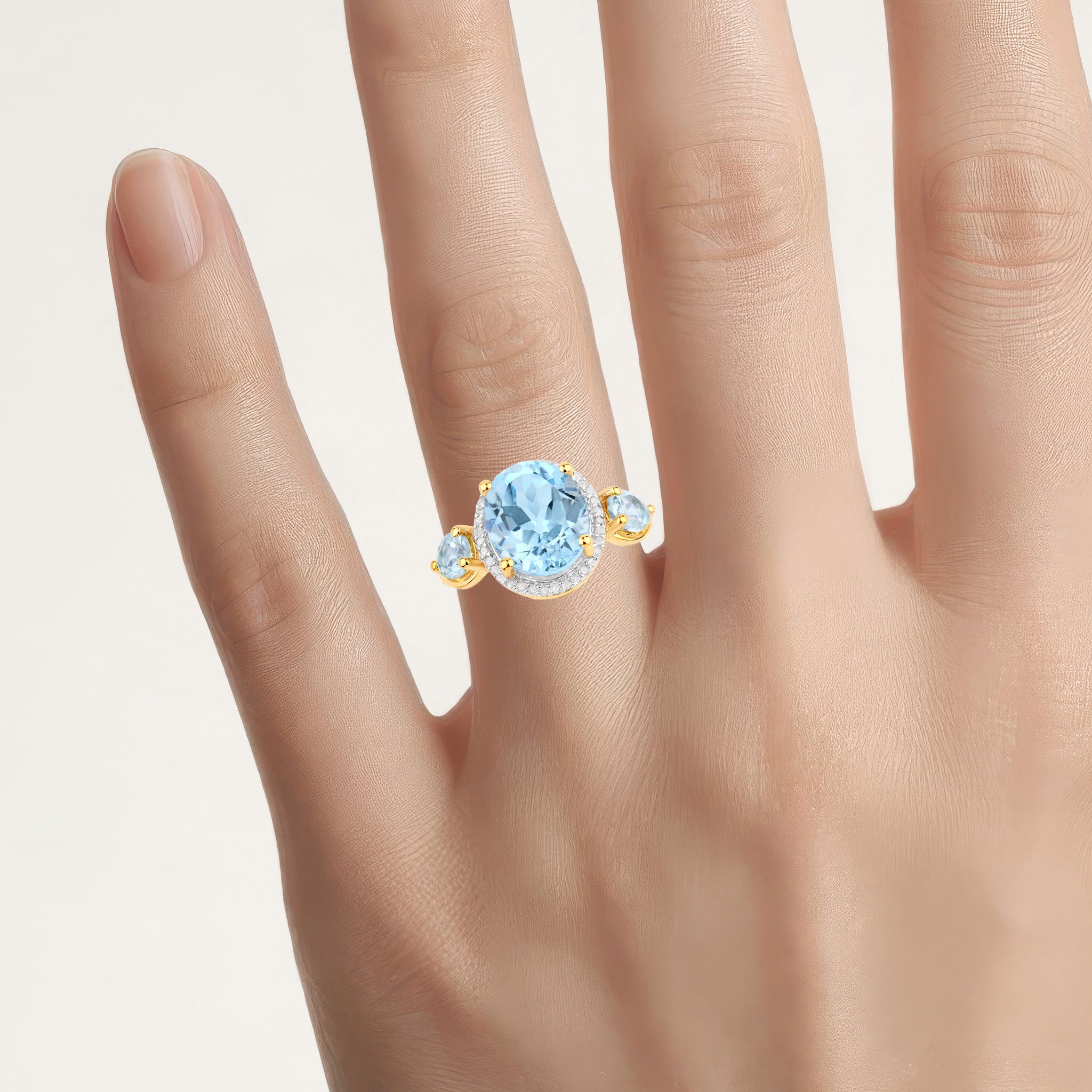 Blue Topaz Ring With Diamonds 4.72 Carats Gold Plated Silver