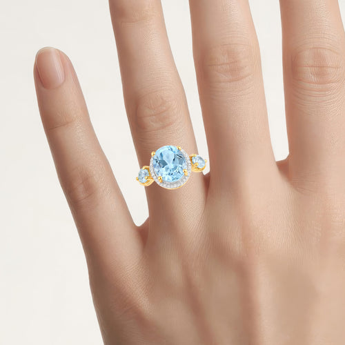Blue Topaz Ring With Diamonds 4.72 Carats Gold Plated Silver