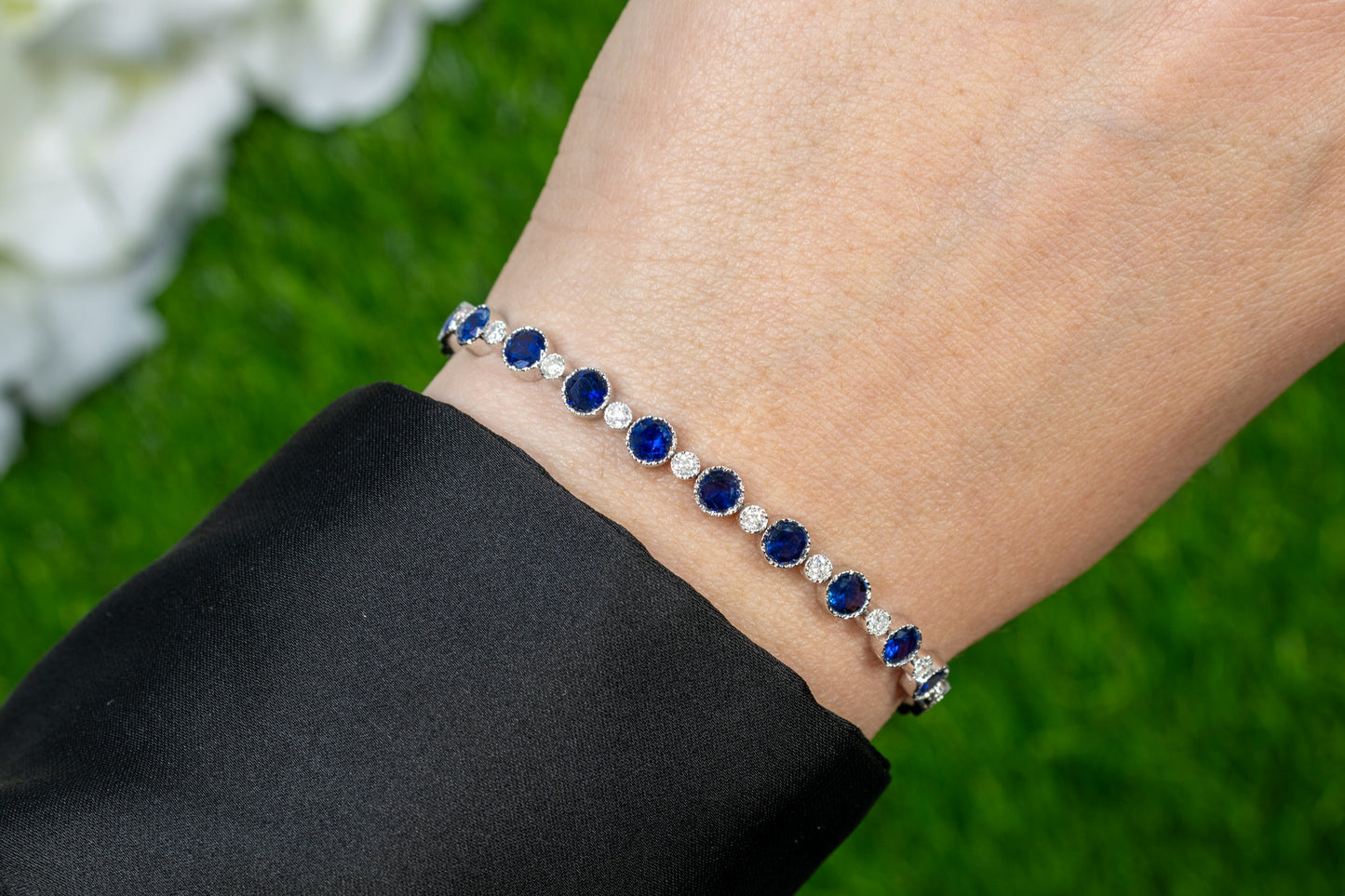 Blue Sapphire Tennis Bracelet Diamond Links 6 Carats 18K White Gold