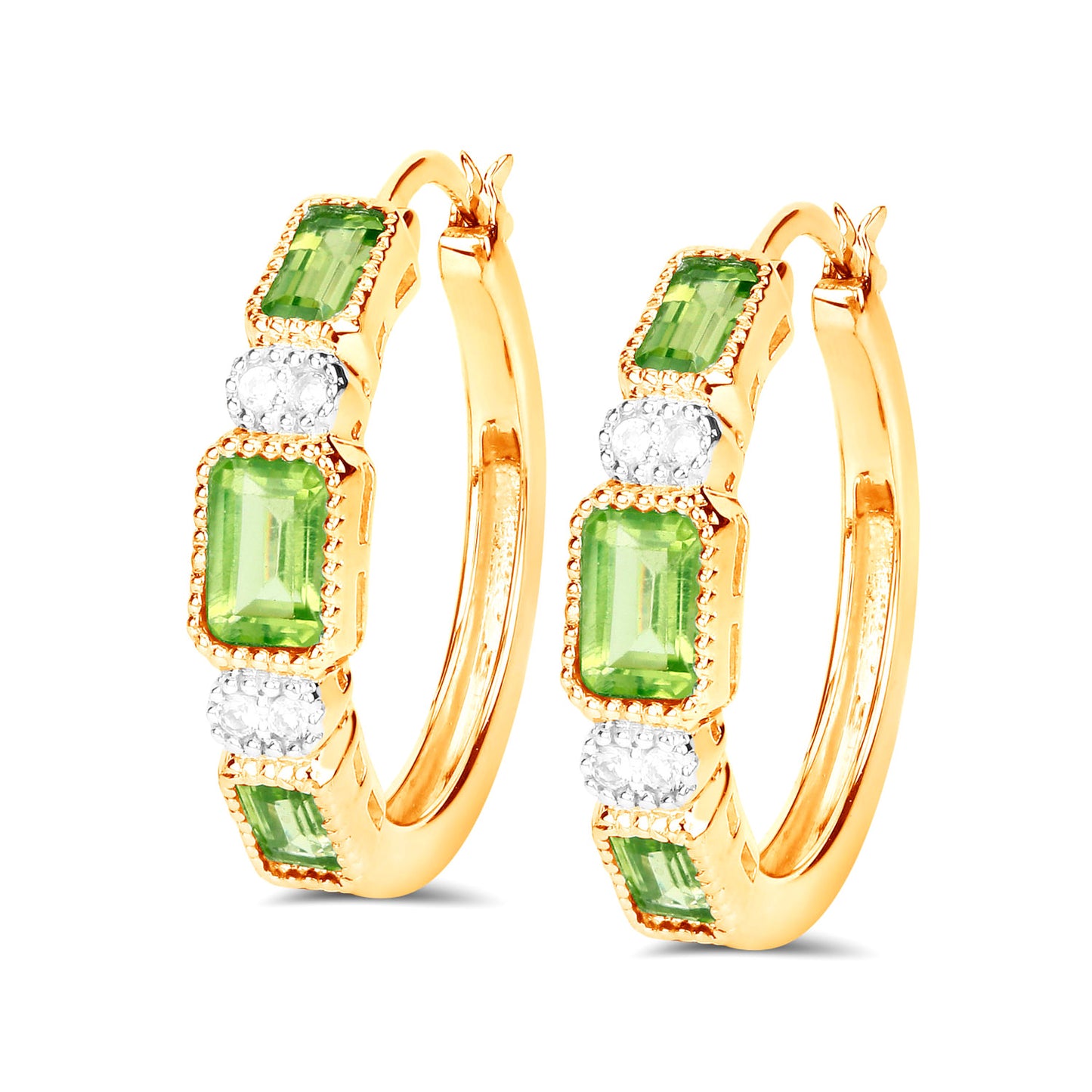 Natural Peridot Hoop Earrings White Topaz 2.44 Carats 14K Gold Plated Silver