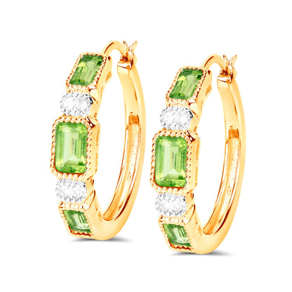 Natural Peridot Hoop Earrings White Topaz 2.44 Carats 14K Gold Plated Silver