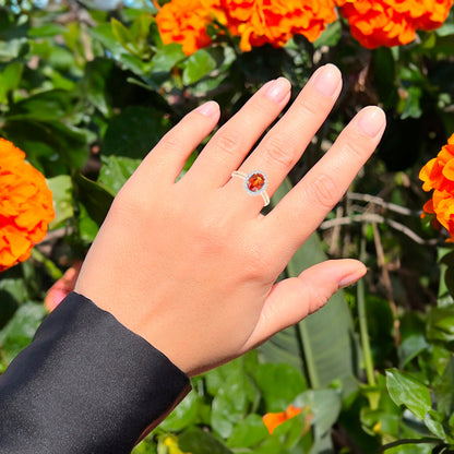 Oval 1.70 Carat Natural Spessartite Garnet & Diamond Halo Ring 14K Yellow Gold