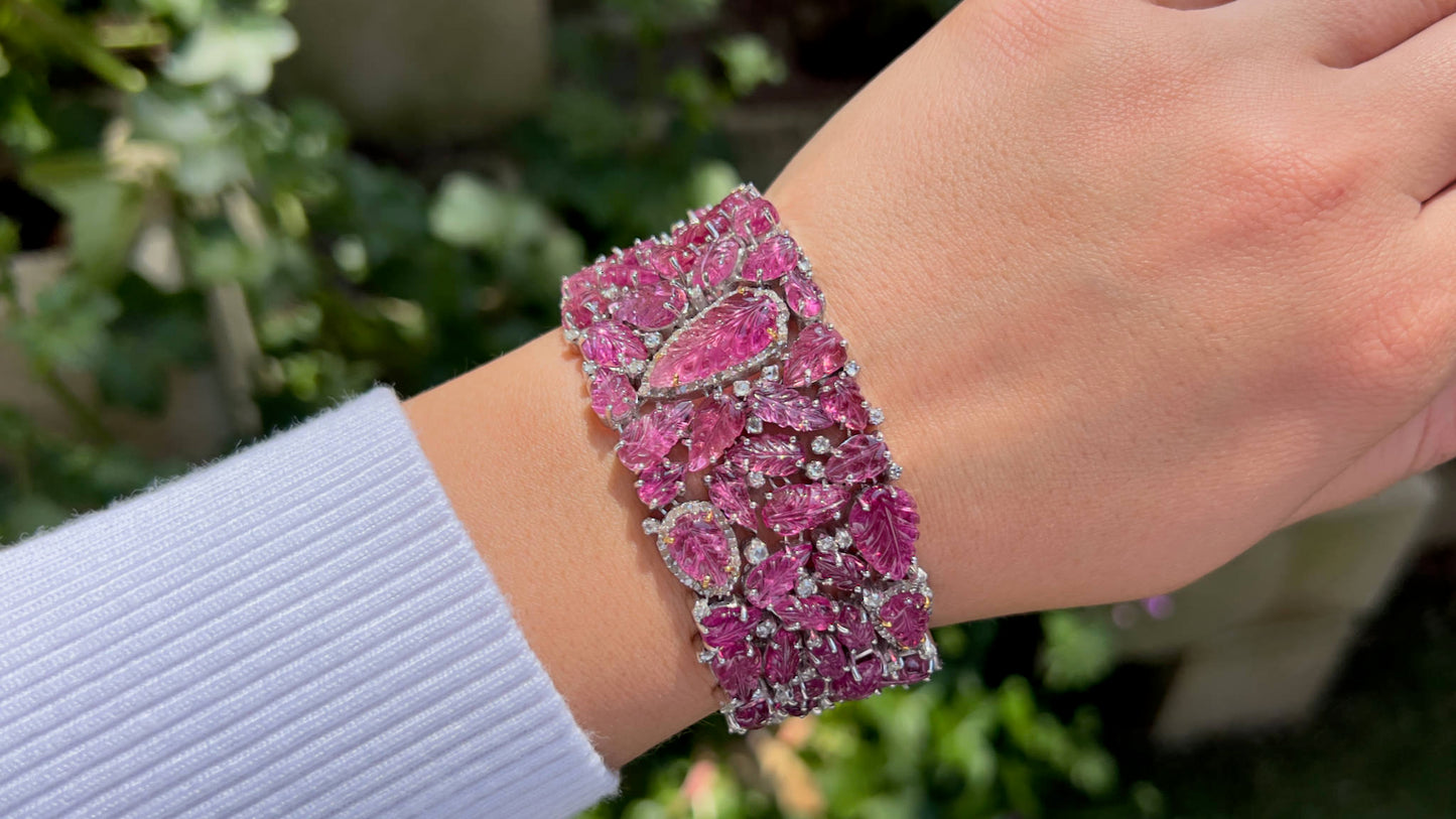 Hand Carved Pink Tourmaline Bracelet Set With Diamonds 82 Carats Total
