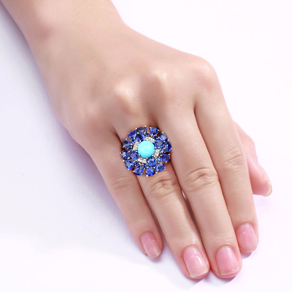 Natural Mixed Gemstones Ring 8.92 Carats Sterling Silver