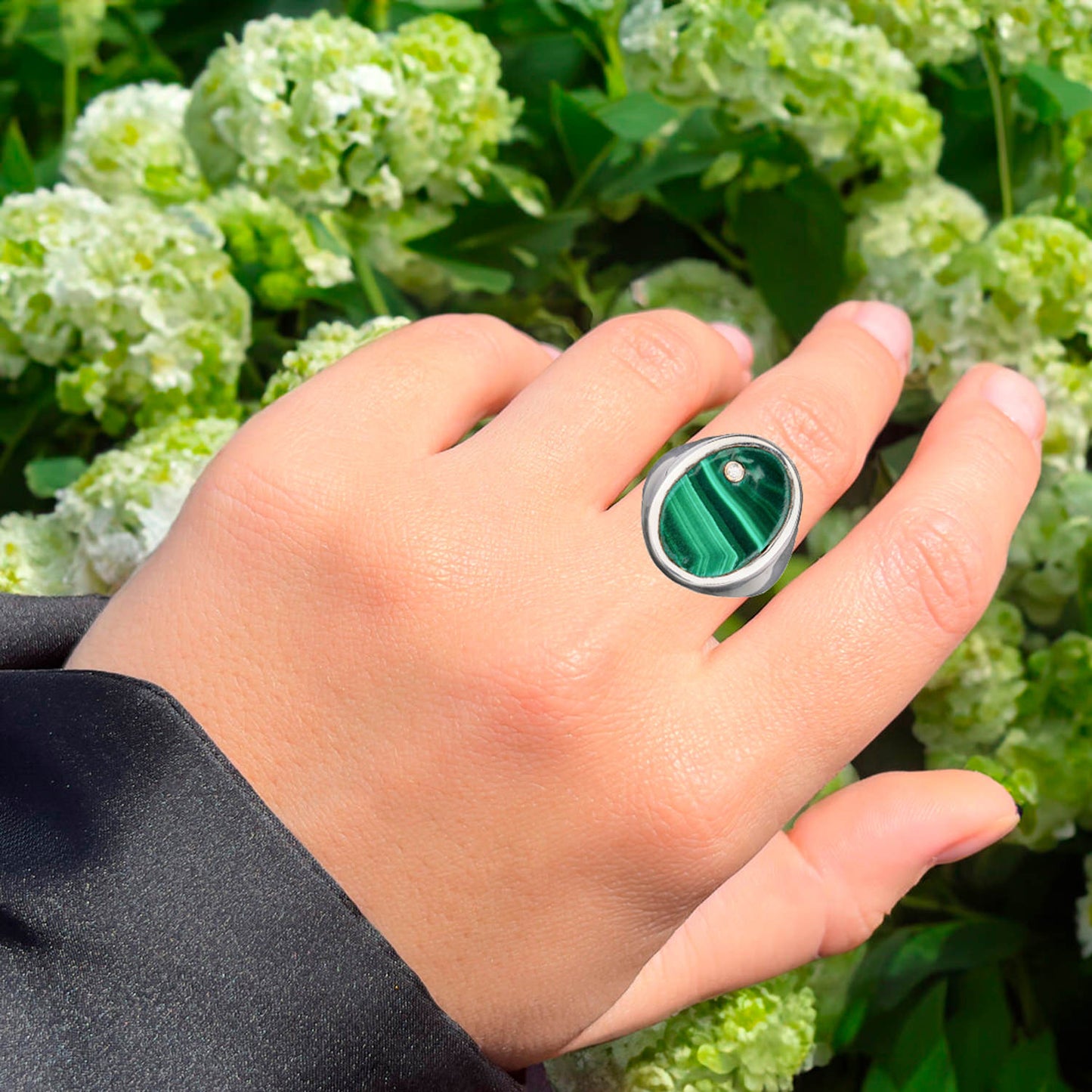 Malachite Ring With Diamonds 2.56 Carats Sterling Silver
