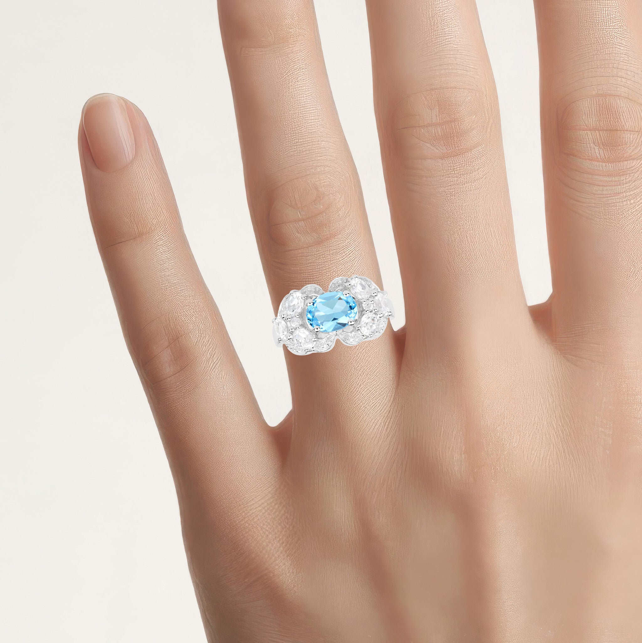 Blue Topaz Ring With White Zircon 3.14 Carats Sterling Silver