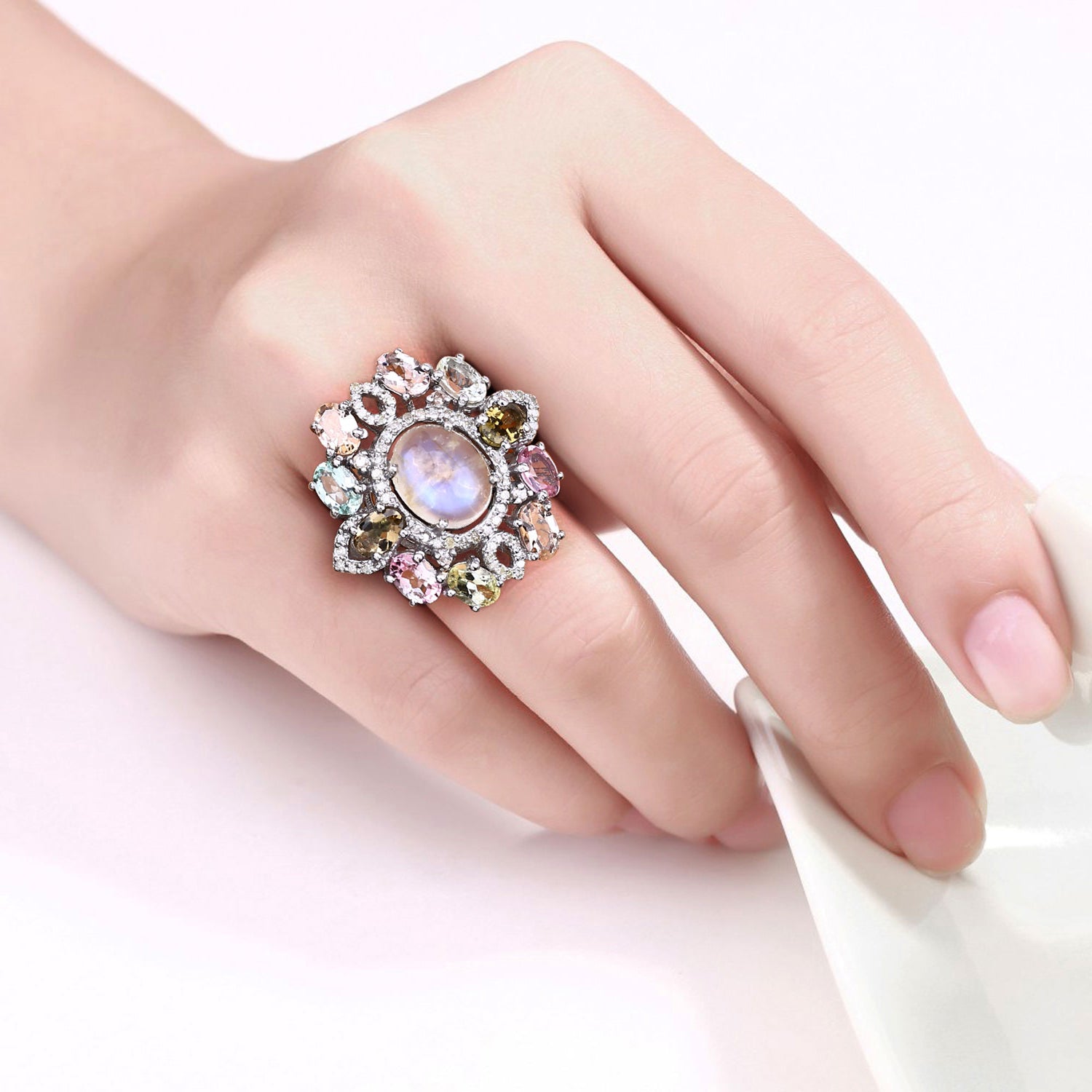 Moonstone Ring With Multicolor Tourmaline 6.72 Carats Sterling Silver