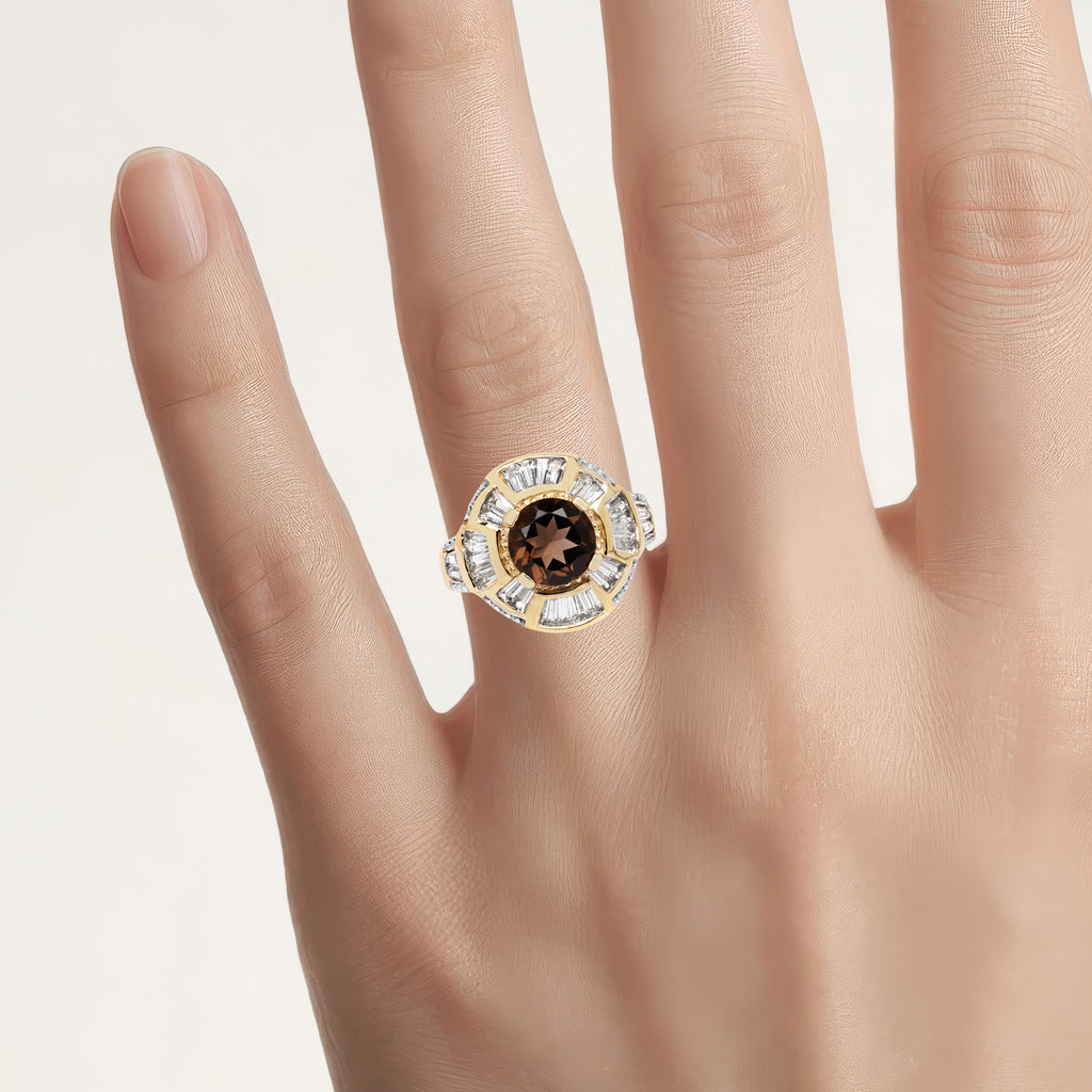 Smoky Quartz Ring With White Topaz 4.14 Carats Gold Plated Silver