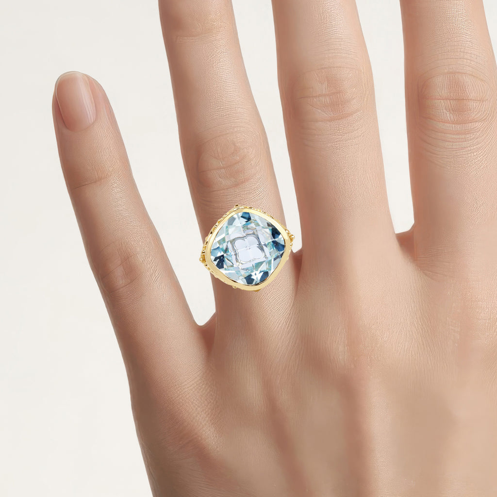Blue Topaz Ring 12.7 Carats Gold Plated Silver