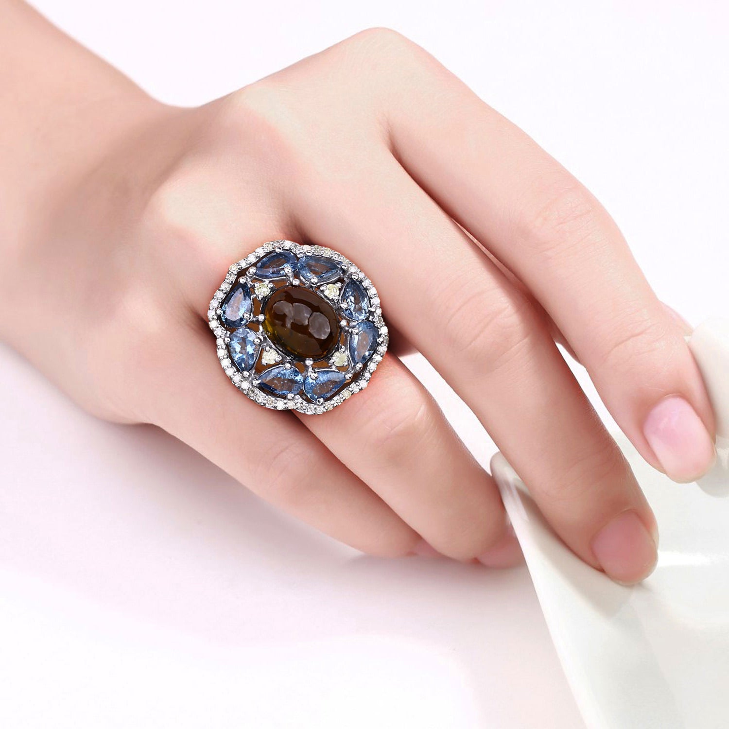 Brown Tourmaline Ring With Aquamarine 6.34 Carats Sterling Silver