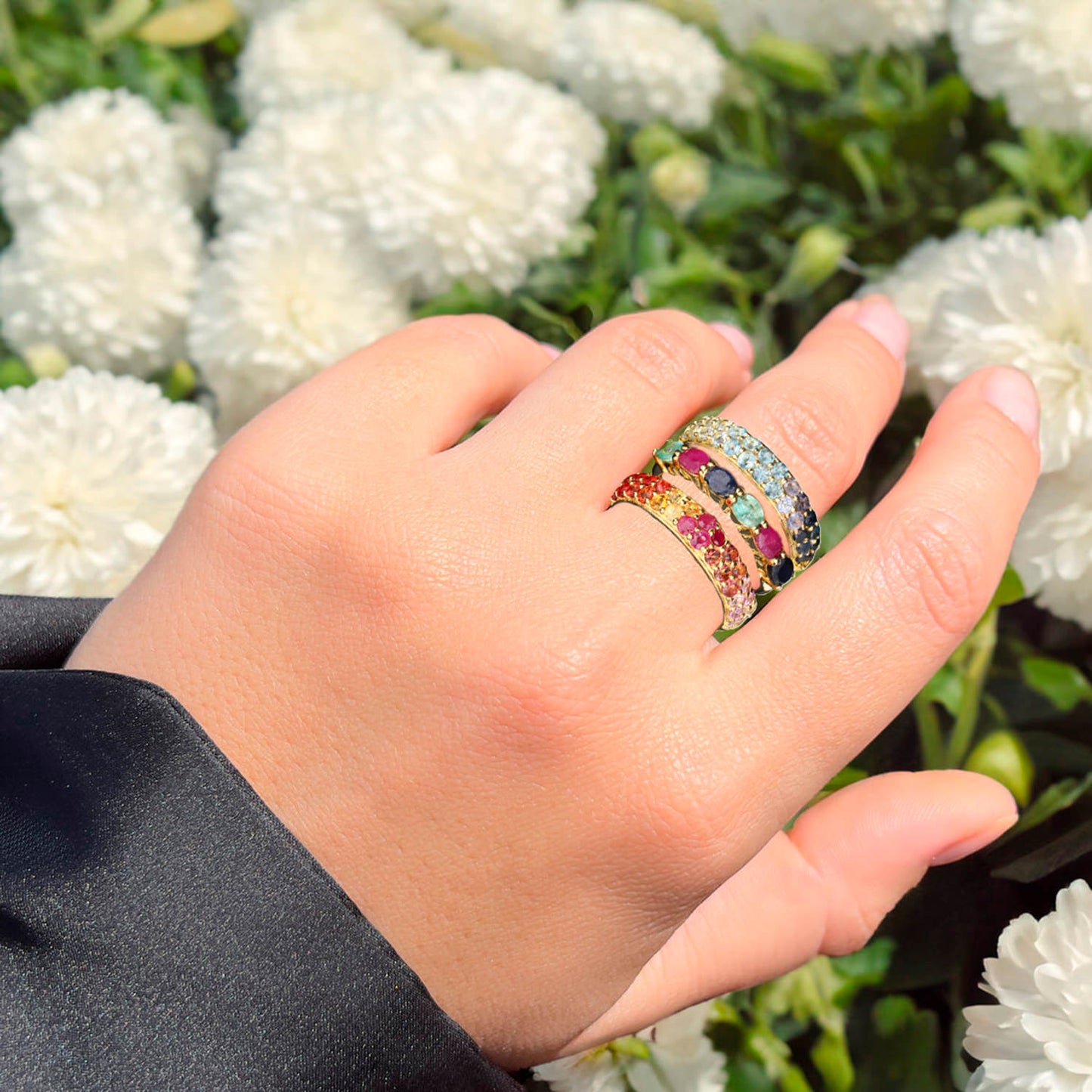Natural Mixed Gemstones Ring 3.23 Carats Gold Plated Silver