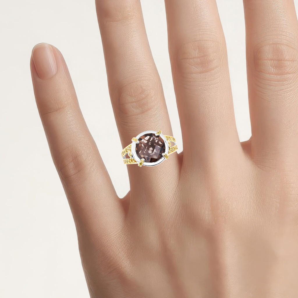 Smoky Quartz Ring With Yellow Diamond 3.26 Carats Sterling Silver