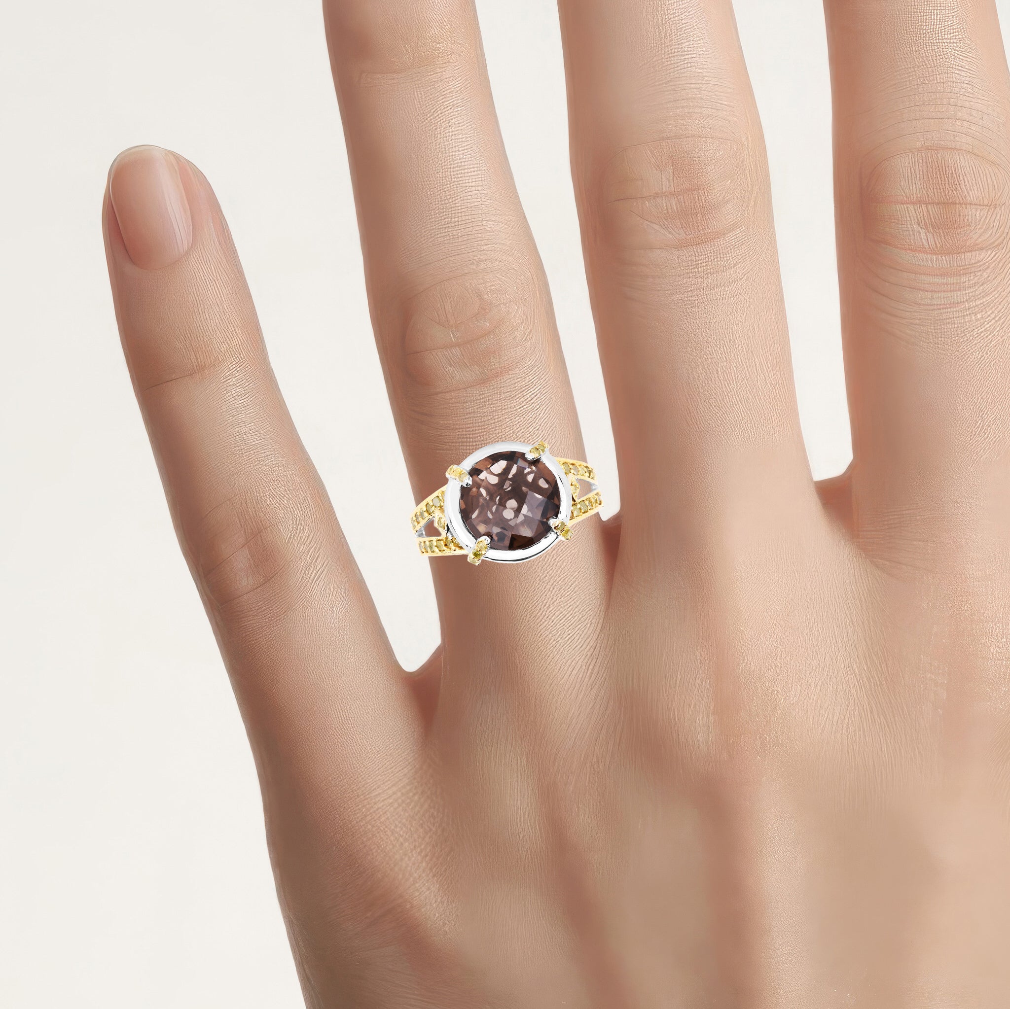 Smoky Quartz Ring With Yellow Diamond 3.26 Carats Sterling Silver