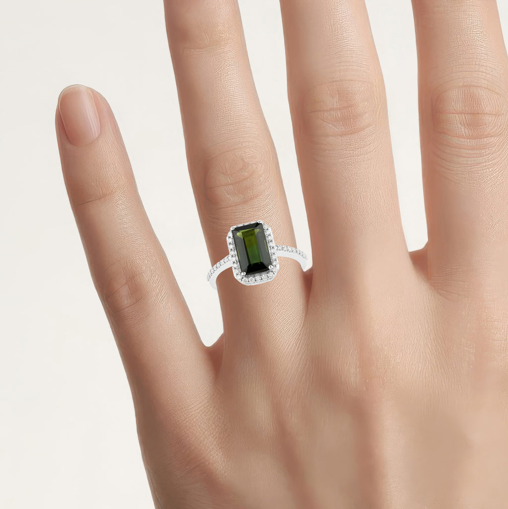 Green Tourmaline Ring With Diamonds 2.3 Carats 14K White Gold