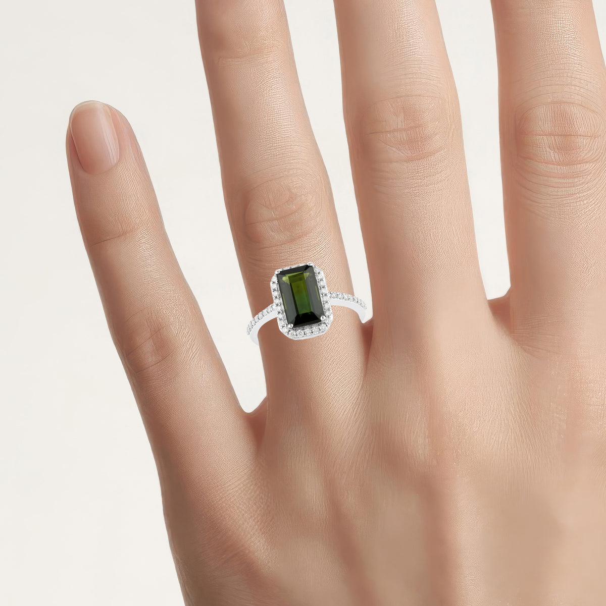 Green Tourmaline Ring With Diamonds 2.3 Carats 14K White Gold