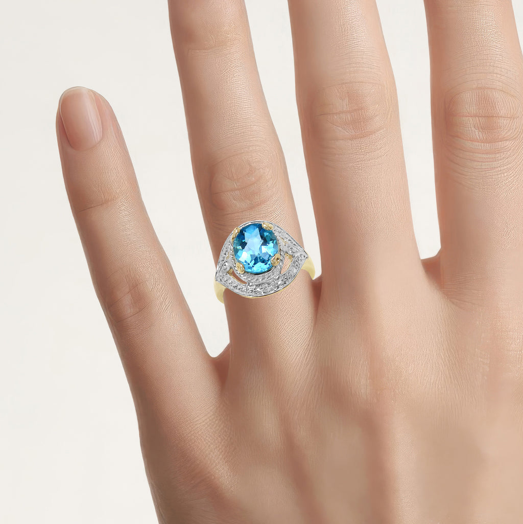 Swiss Blue Topaz Ring 3.24 Carats Gold Plated Silver