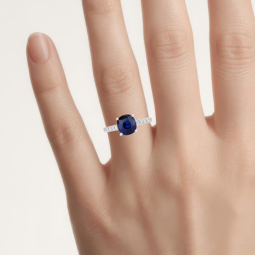 Blue Sapphire Ring With Diamonds 3.82 Carats 18K White Gold