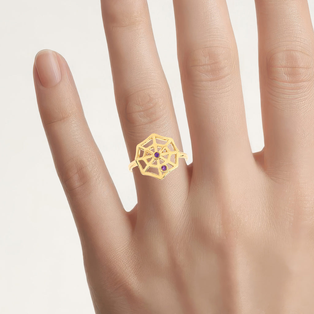 Amethyst Spider Web Ring 0.02 Carats Gold Plated Silver