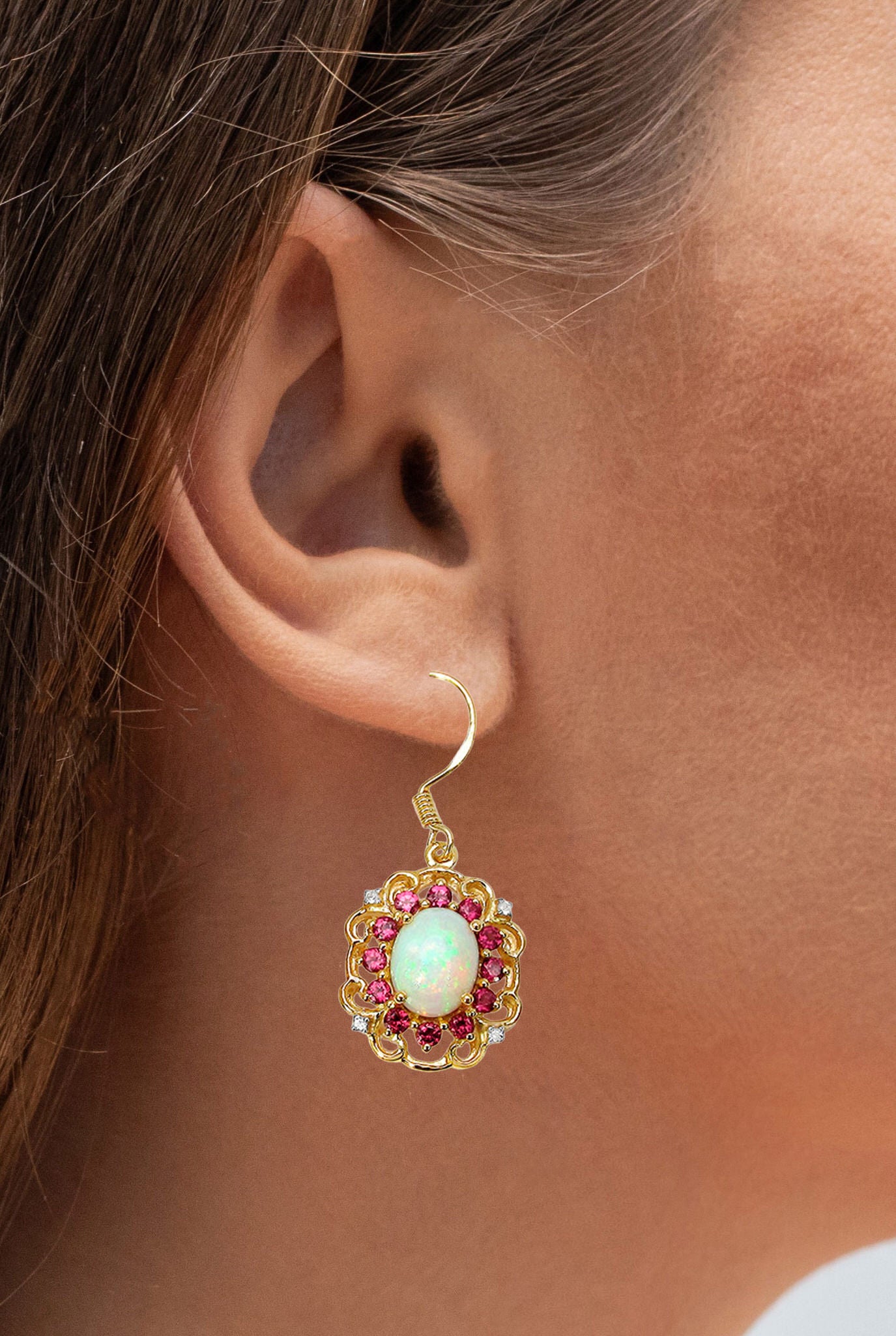 Natural Opal Earrings With Rhodolite Garnet 4.88 Carats Gold Plated Silver