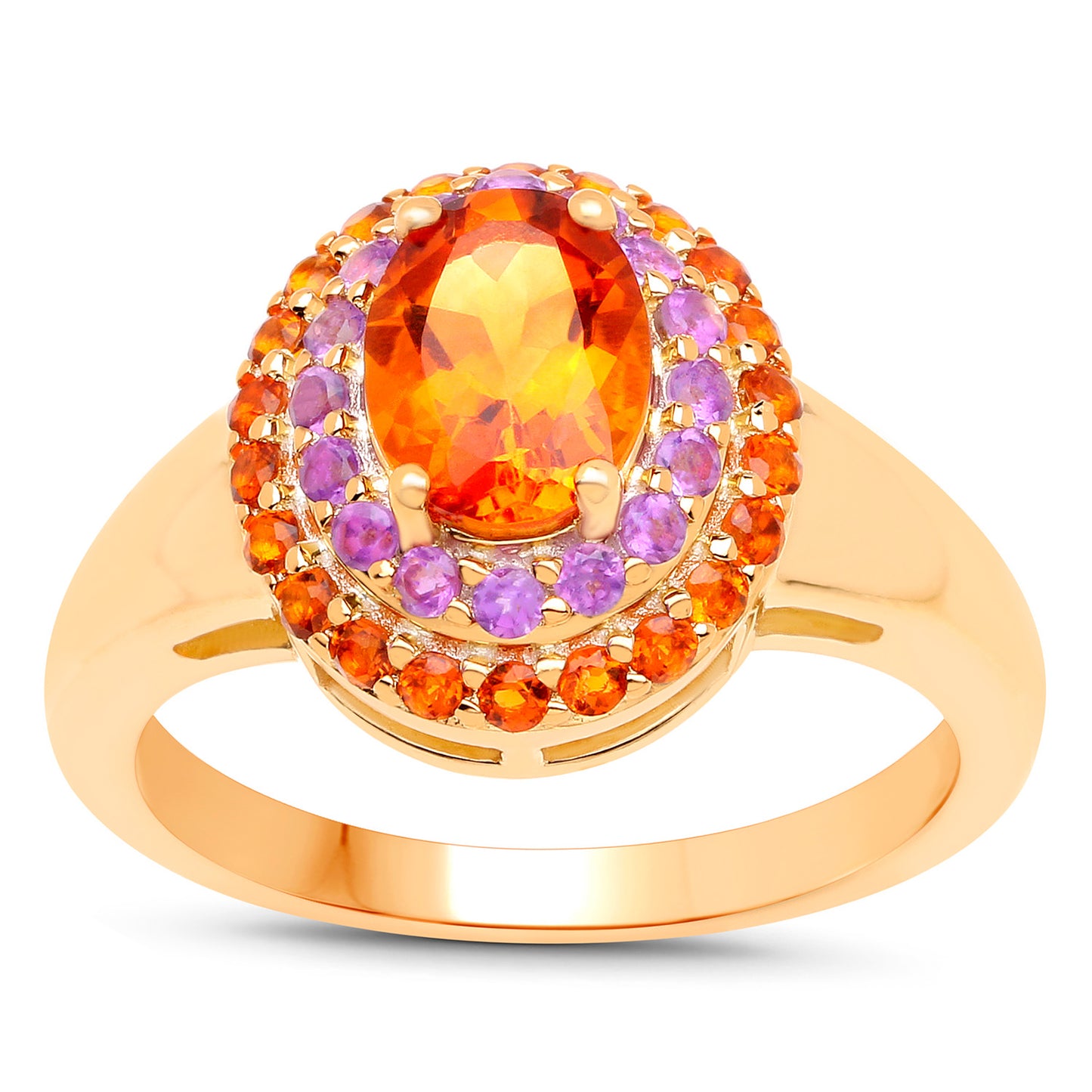 Natural Citrine Cocktail Ring Amethyst Halo 14K Gold Plated Silver