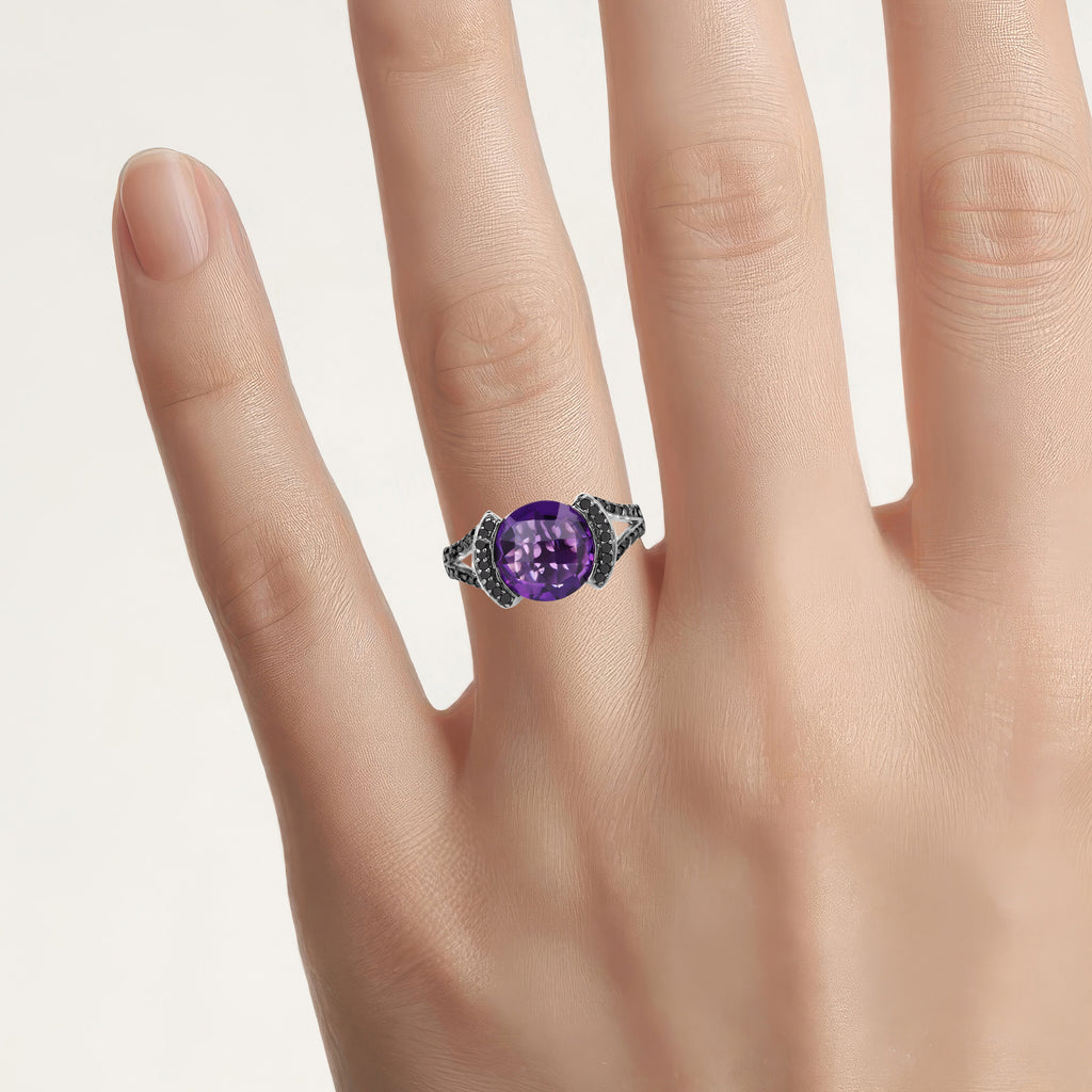 Amethyst Ring With Black Diamonds 3.18 Carats Sterling Silver