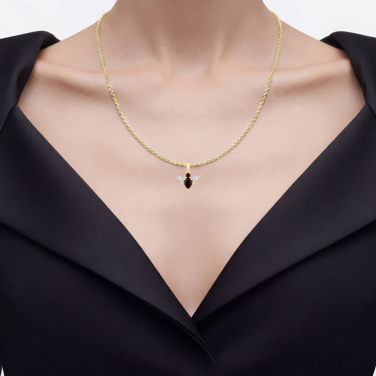 Garnet Bat Pendant With White Topaz 1.55 Carats Gold Plated Silver