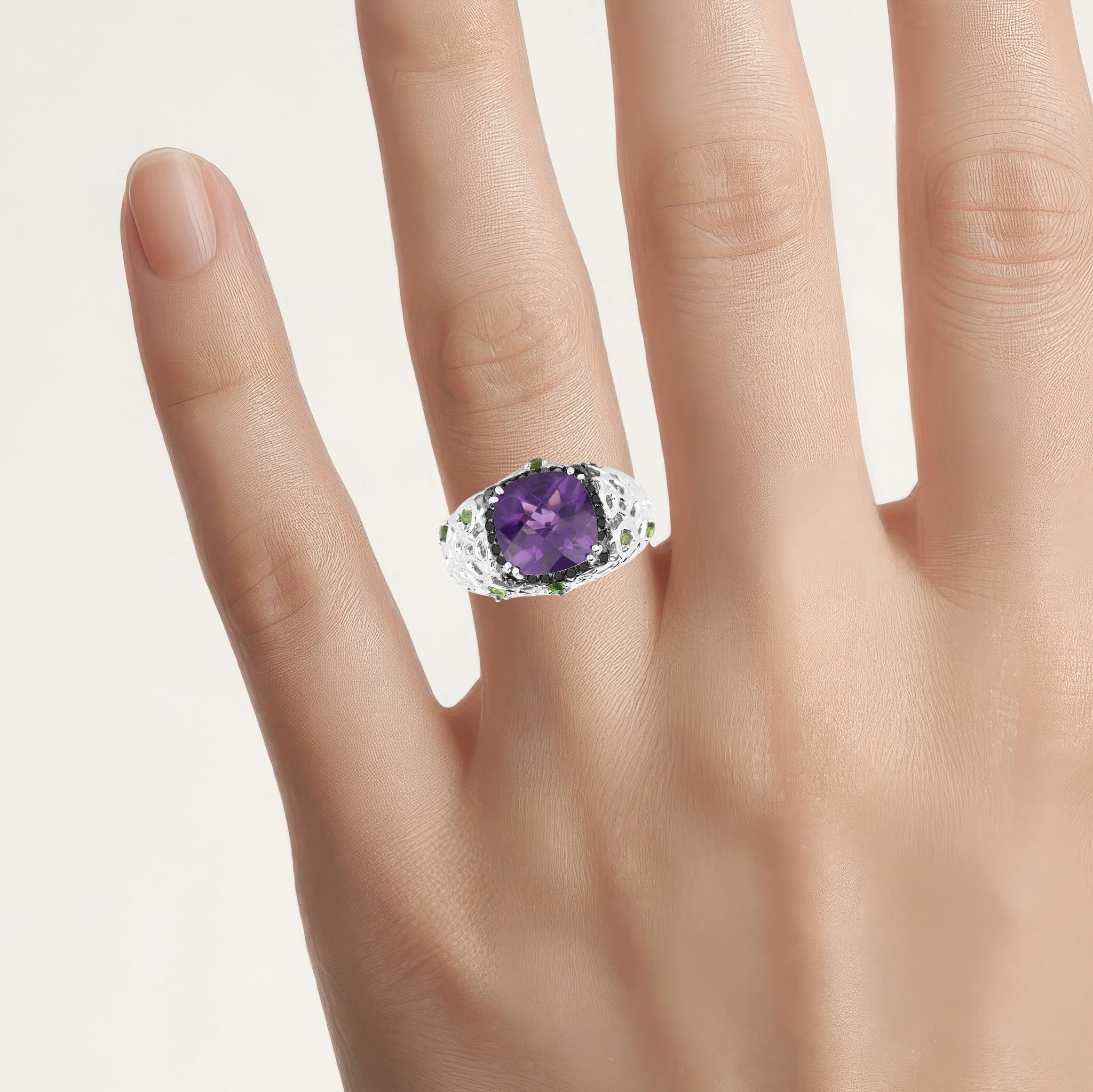 Amethyst Ring With Chrome Diopside 3.22 Carats Sterling Silver