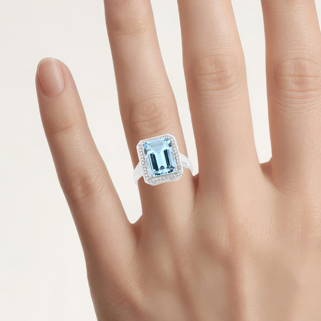 Blue Topaz Ring With Diamonds 5.78 Carats Sterling Silver