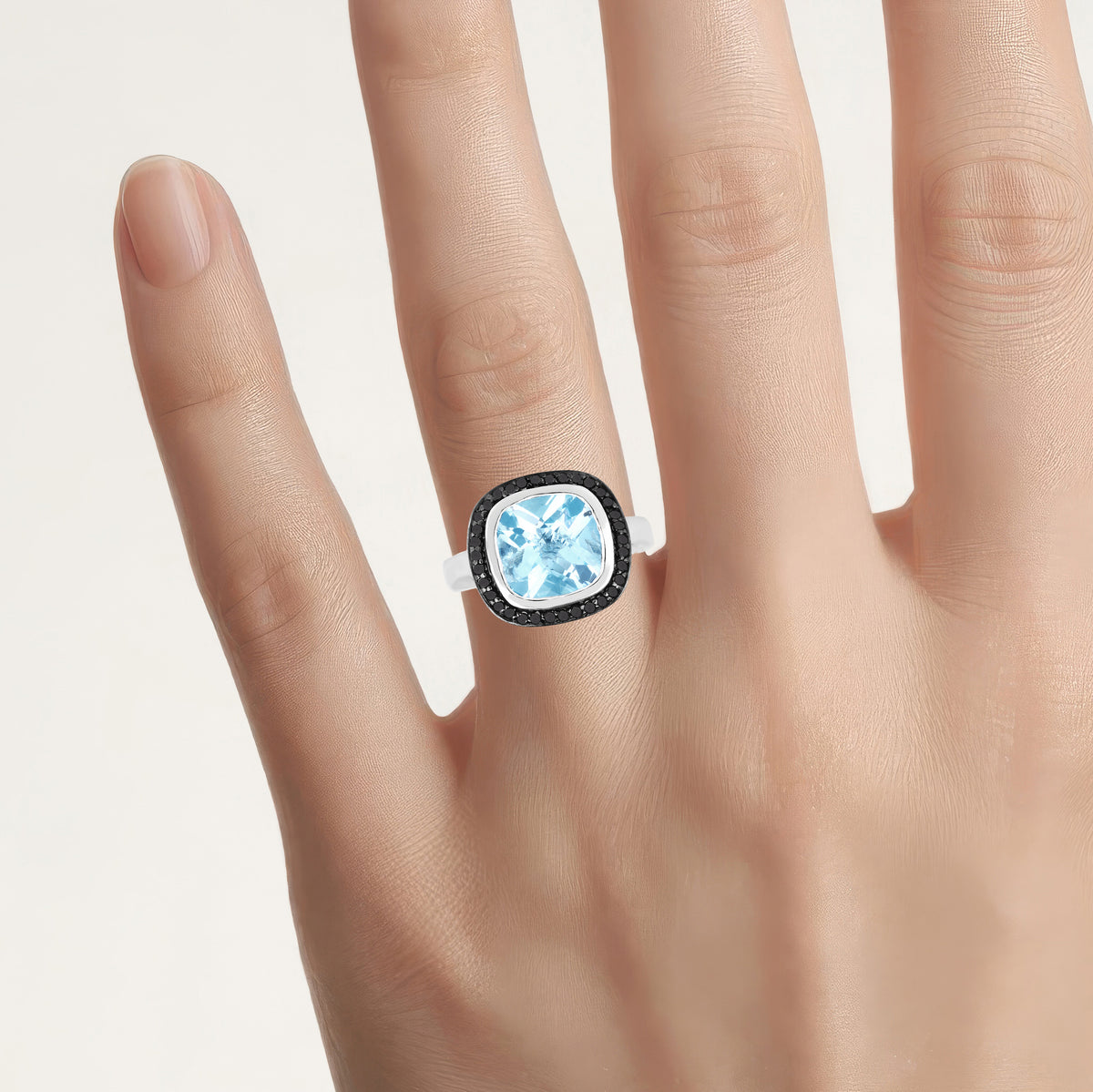 Light Blue Topaz Ring With Black Diamonds 5.2 Carats Sterling Silver