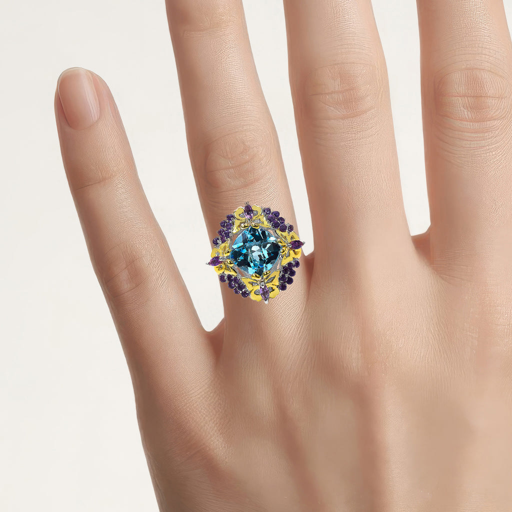 Blue Topaz Butterfly Ring With Amethyst and Diamonds 5.61 Carats Sterling Silver
